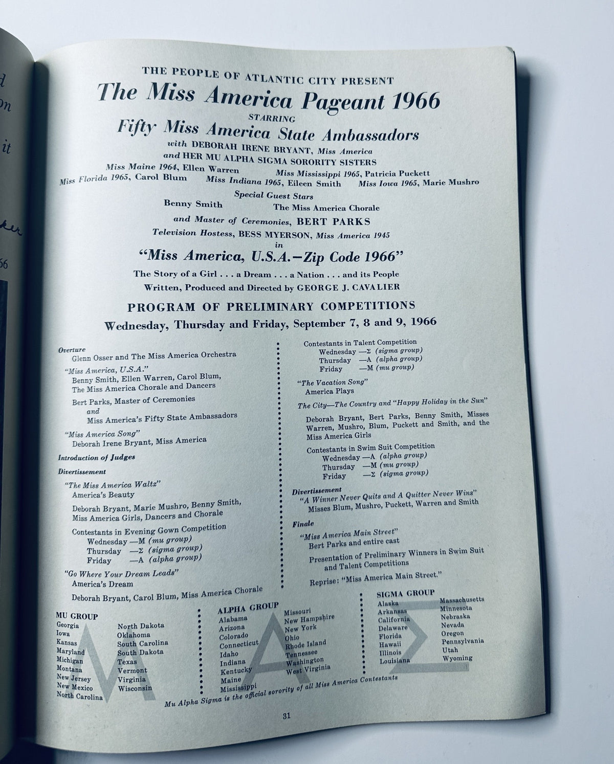 Inside page of the Miss America Pageant Magazine September 1966 featuring a detailed program from the event, highlighting the Fifty Miss America State Ambassadors including Deborah Bryant.
