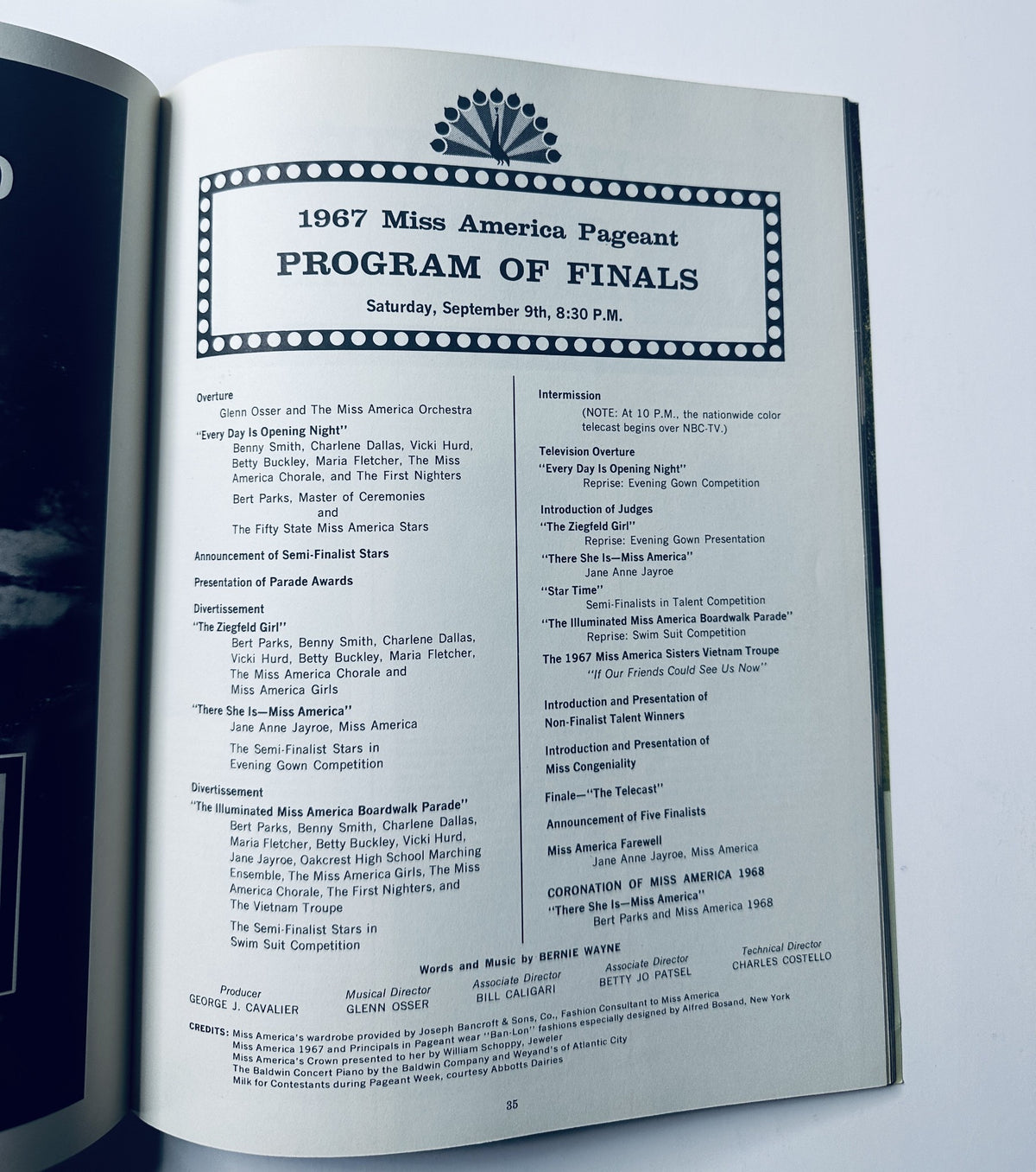 Inside page of the Miss America Pageant Magazine detailing the Program of Finals for September 9th, 1967.