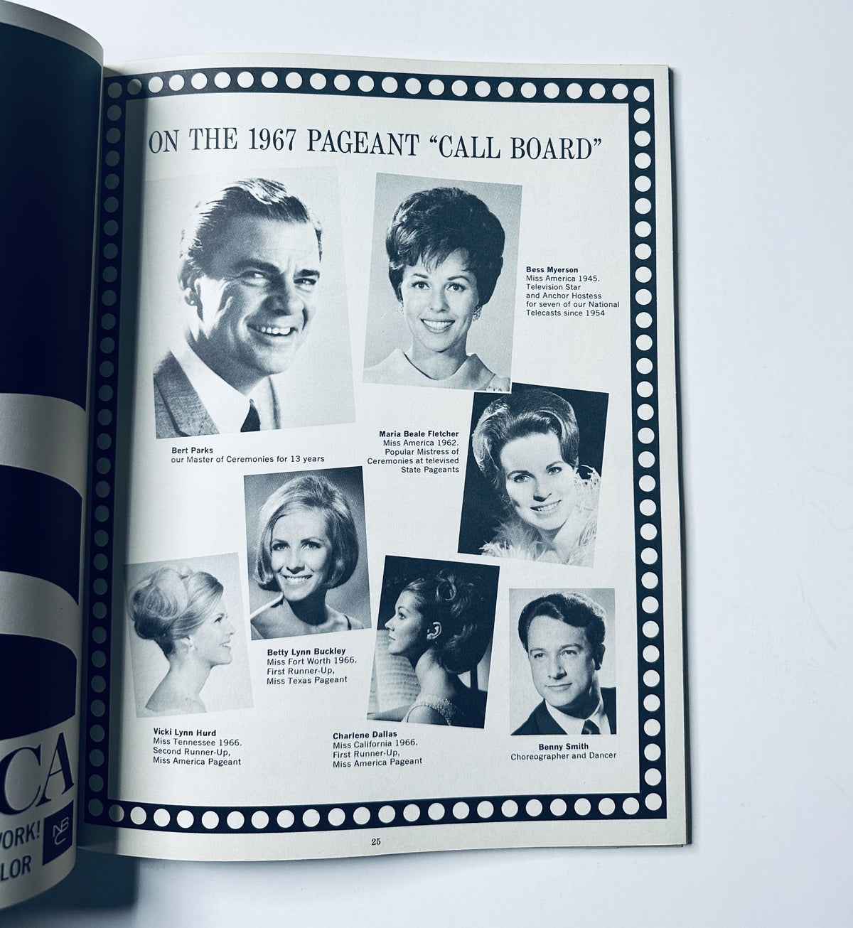 Call Board page from the Miss America Pageant Magazine showcasing past participants including Bert Parks and Betty Buckley.