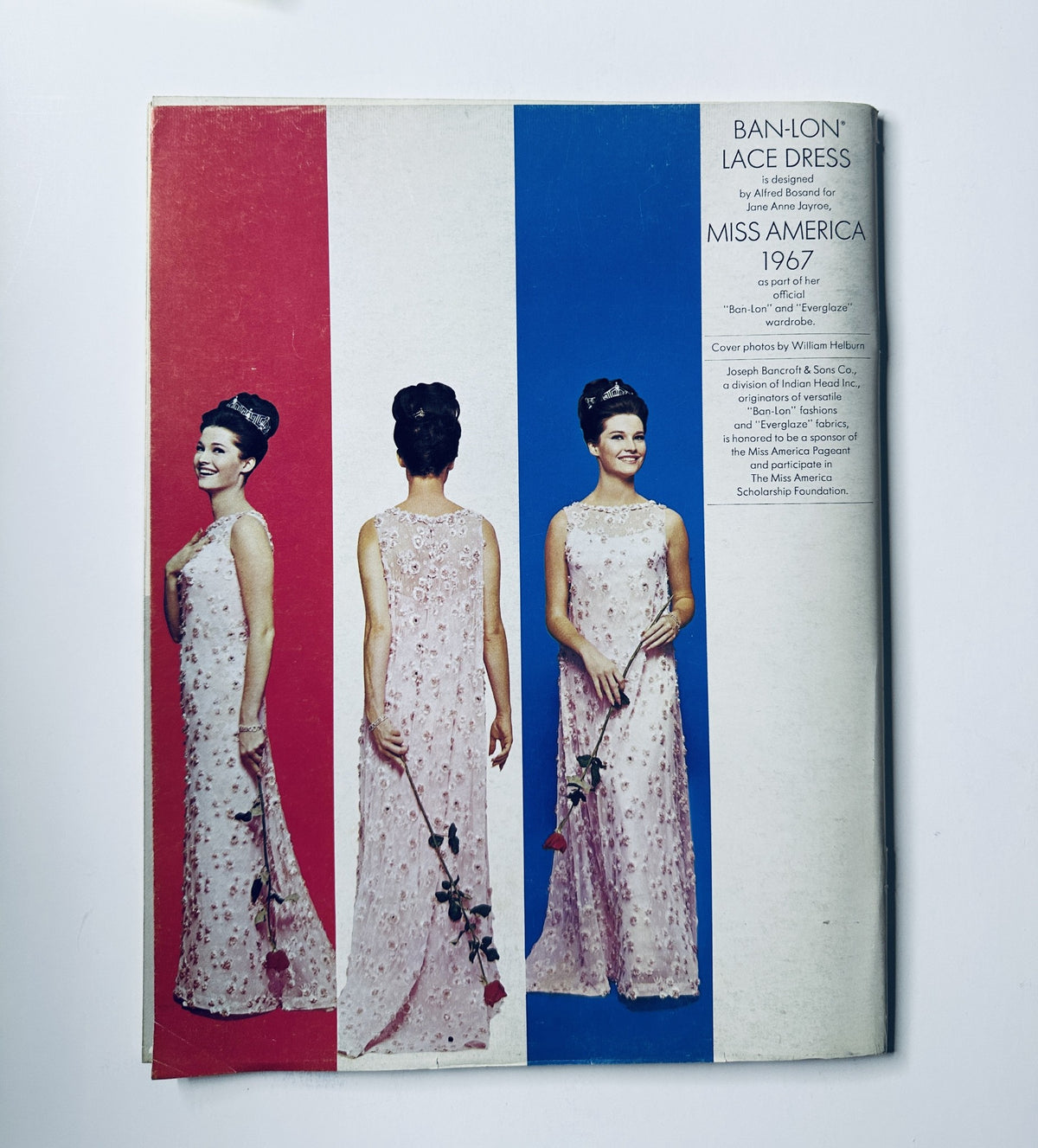 Back cover of Miss America Pageant Magazine featuring a design by Ban-Lon Lace Dress with a model in a gown, promoting Miss America 1967.