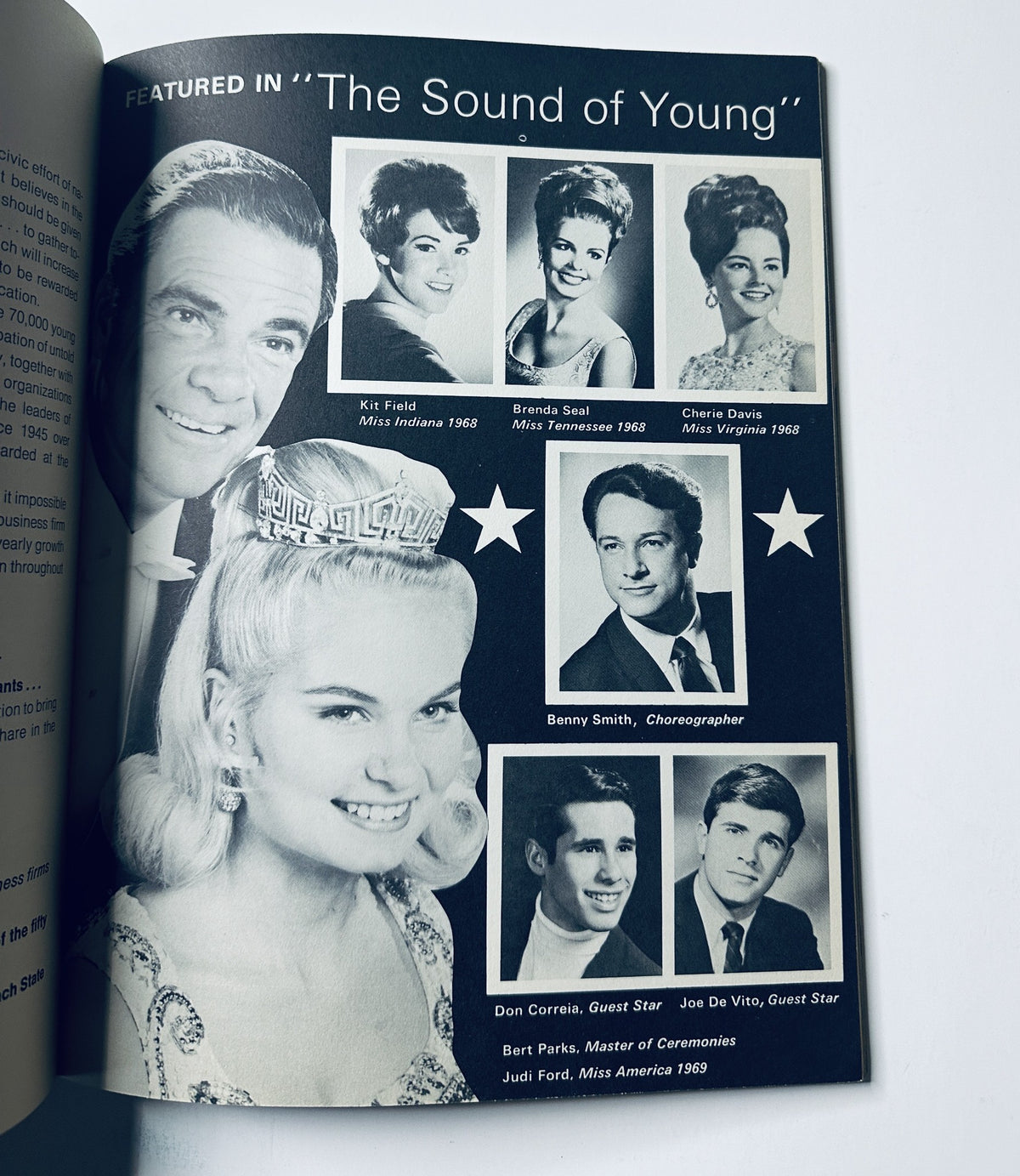 Collage of featured participants from 'The Sound of Young' segment of the Miss America Pageant Magazine September 2–7, 1969. Includes Kit Field, Brenda Seal, Cherie Davis, Benny Smith, Don Correia, Joe De Vito, and Judi Ford, highlighting their roles and appearances in the event.