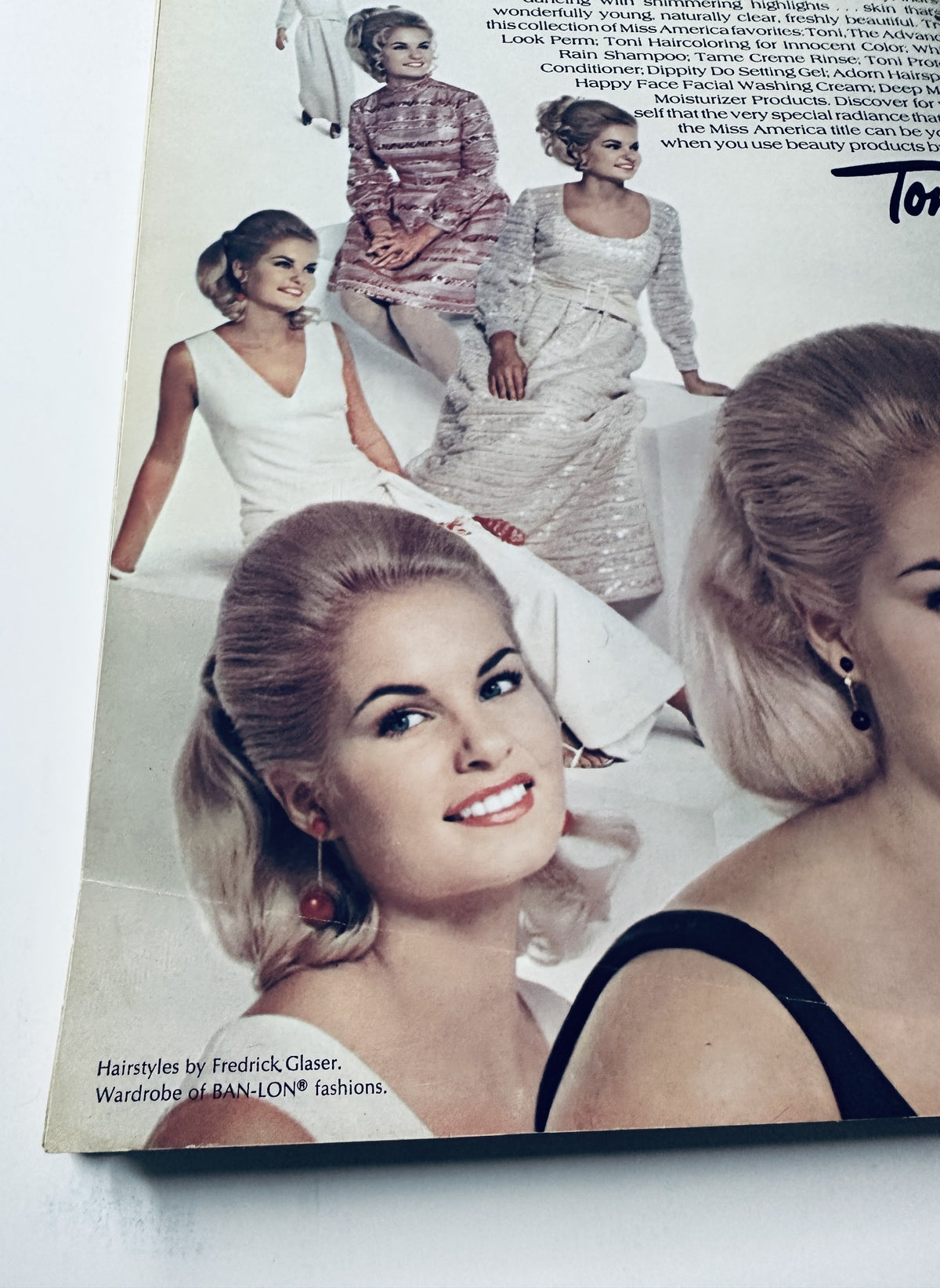 Close-up image of a model showcasing a hairstyle from the Miss America Pageant, featured in the September 2–7, 1969 program. The model smiles confidently, wearing fashion by BANI-LON with elegant makeup and earrings.