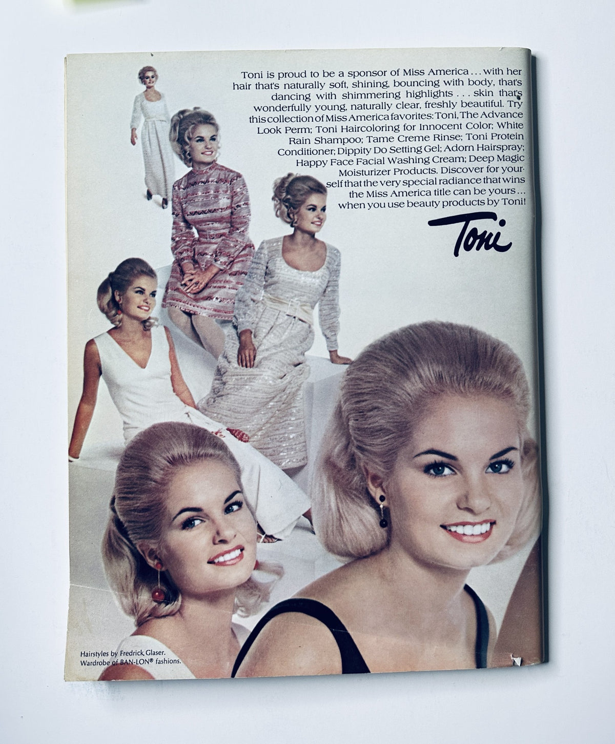 An advertisement featuring models with various hairstyles promoted by Toni, highlighted in the Miss America Pageant Magazine September 2–7, 1969. The models exhibit glamorous looks and styles, encouraging readers to experiment with Toni hair products.
