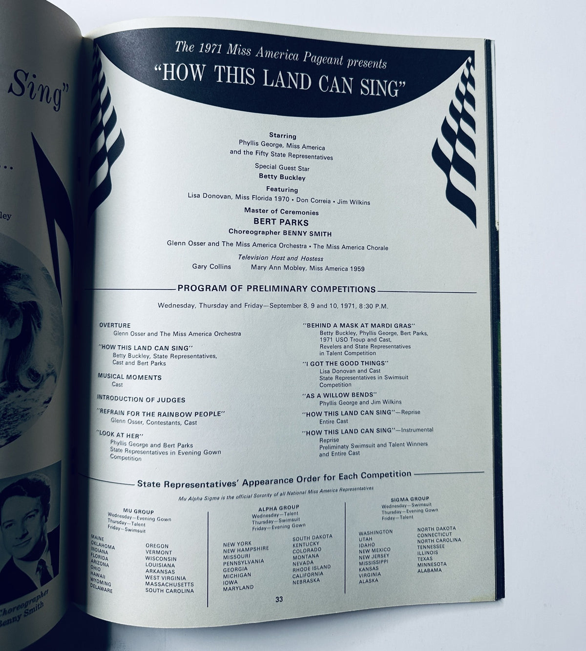 Interior page of the Miss America Pageant Magazine, September 6, 1971, presenting the program details for 'How This Land Can Sing.' The page includes information on the cast, choreography, and various program sections for the preliminary competitions.