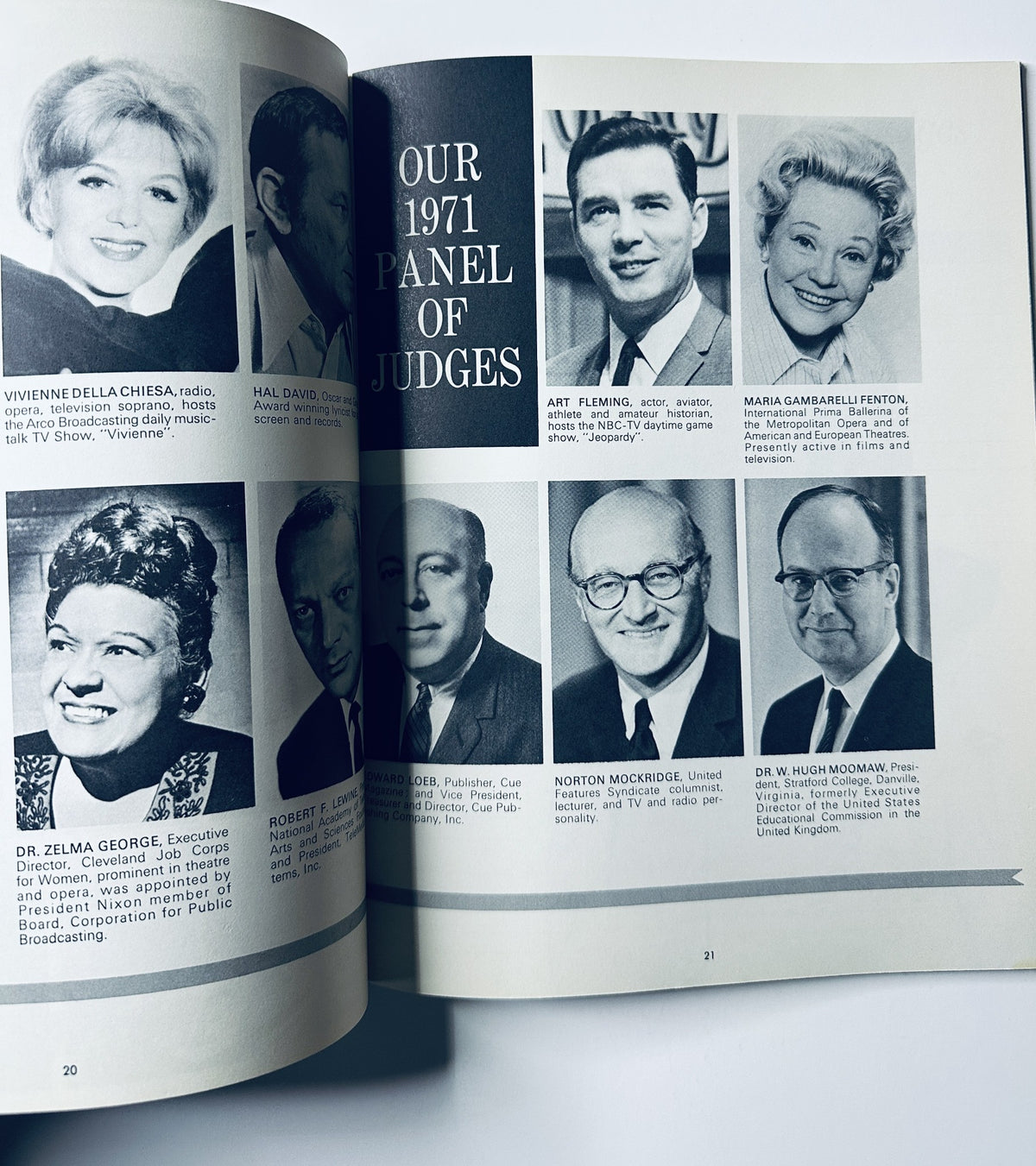 1971 Miss America Pageant magazine featuring panel of judges including Vivienne De Chiesa, Hal David, Art Fleming, Maria Gamarelli Penton, Dr. Zilma George, Robert L. Peters, Norton Mockridge, and Dr. Hugh Moomaw. Covering the Miss America Pageant event.
