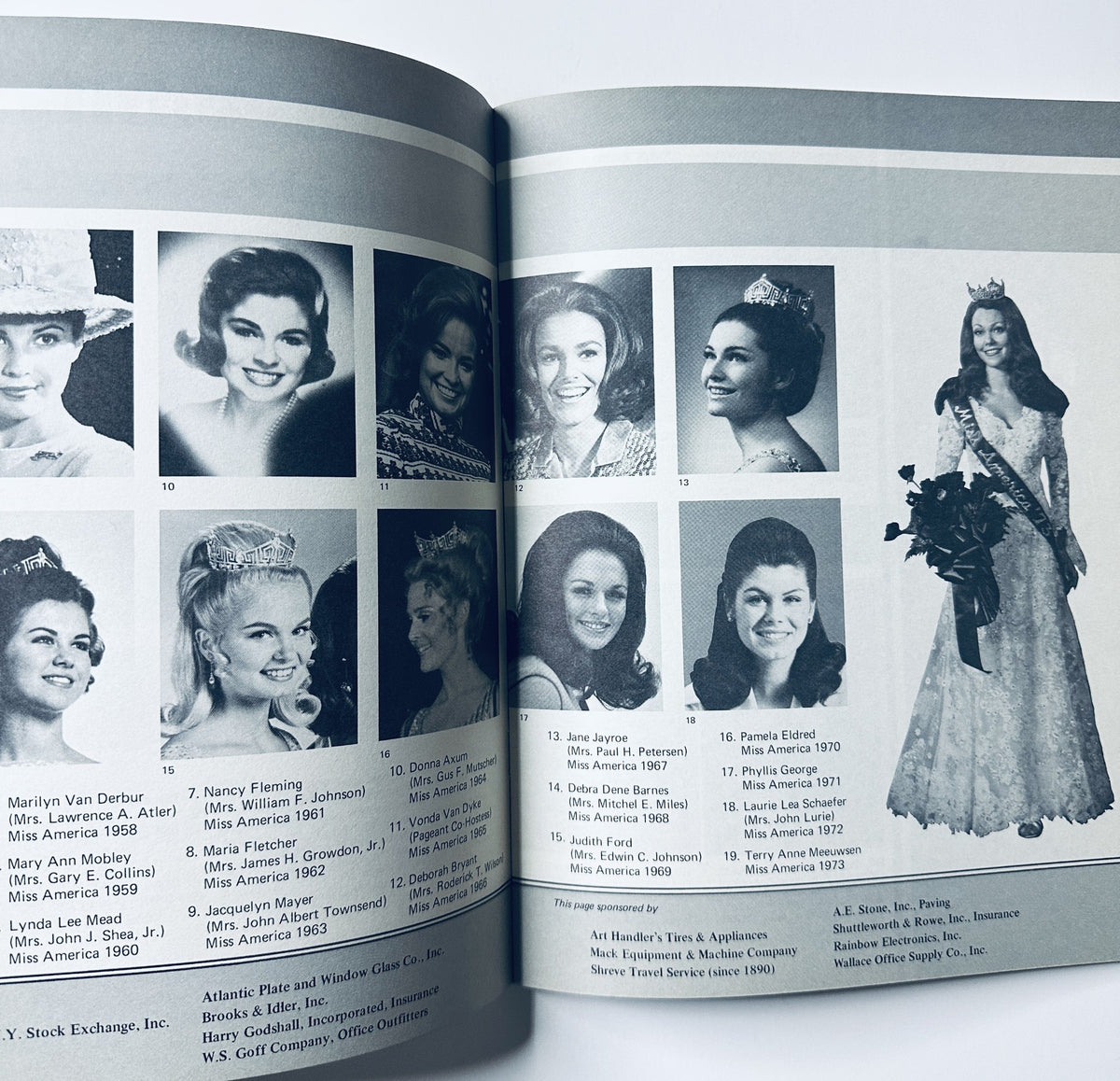 Inside spread of the Miss America Pageant Magazine from September 3–9, 1973 featuring headshots of past Miss America contestants, demonstrating the pageant's rich history and legacy.