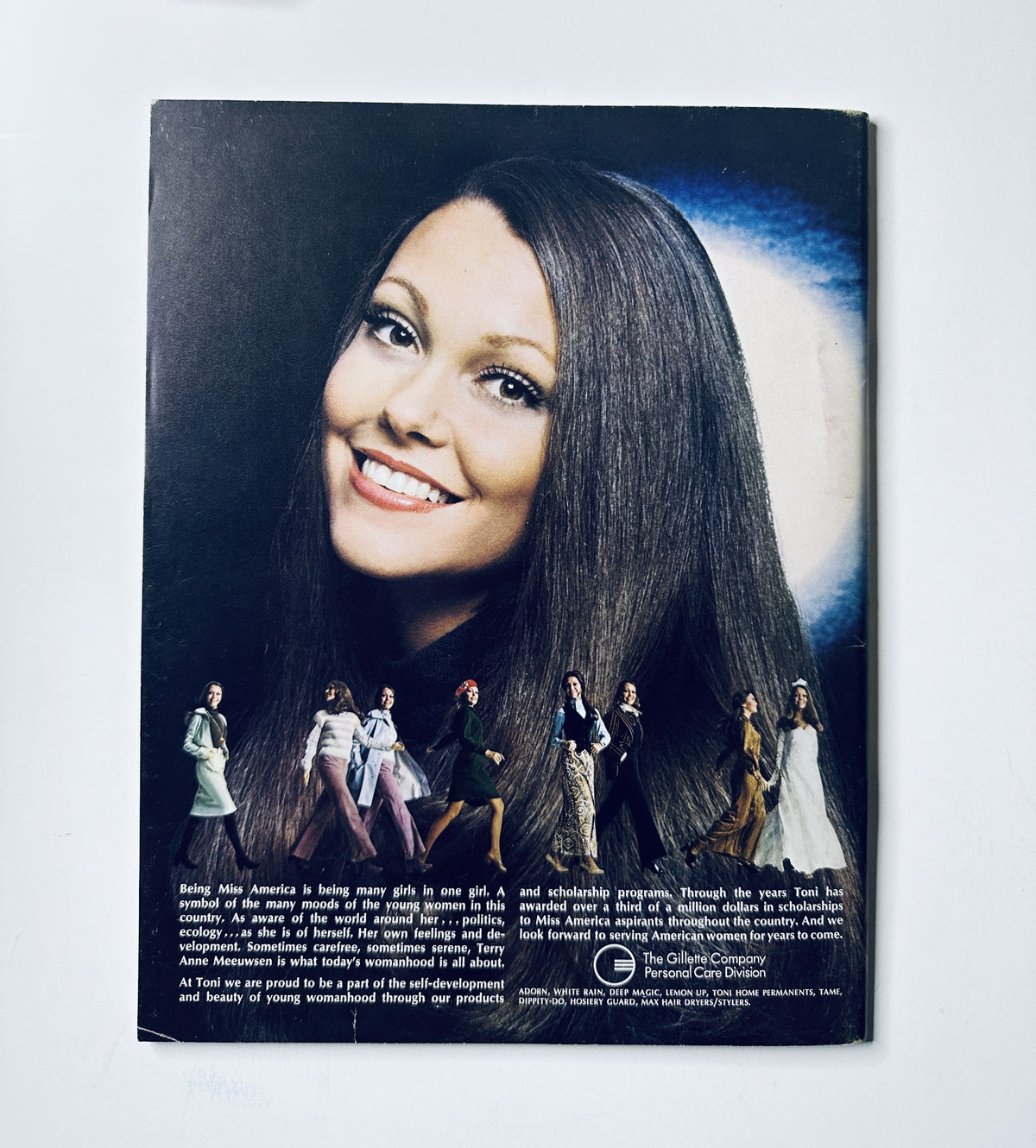 Cover of the Miss America Pageant Magazine from September 3–9, 1973 featuring Terry Meeuwsen. The image showcases a beautiful portrait of Meeuwsen with a vibrant background, depicting the elegance and charm of the pageant. This vintage magazine is in very good condition, suitable for collectors and enthusiasts of beauty pageantry.