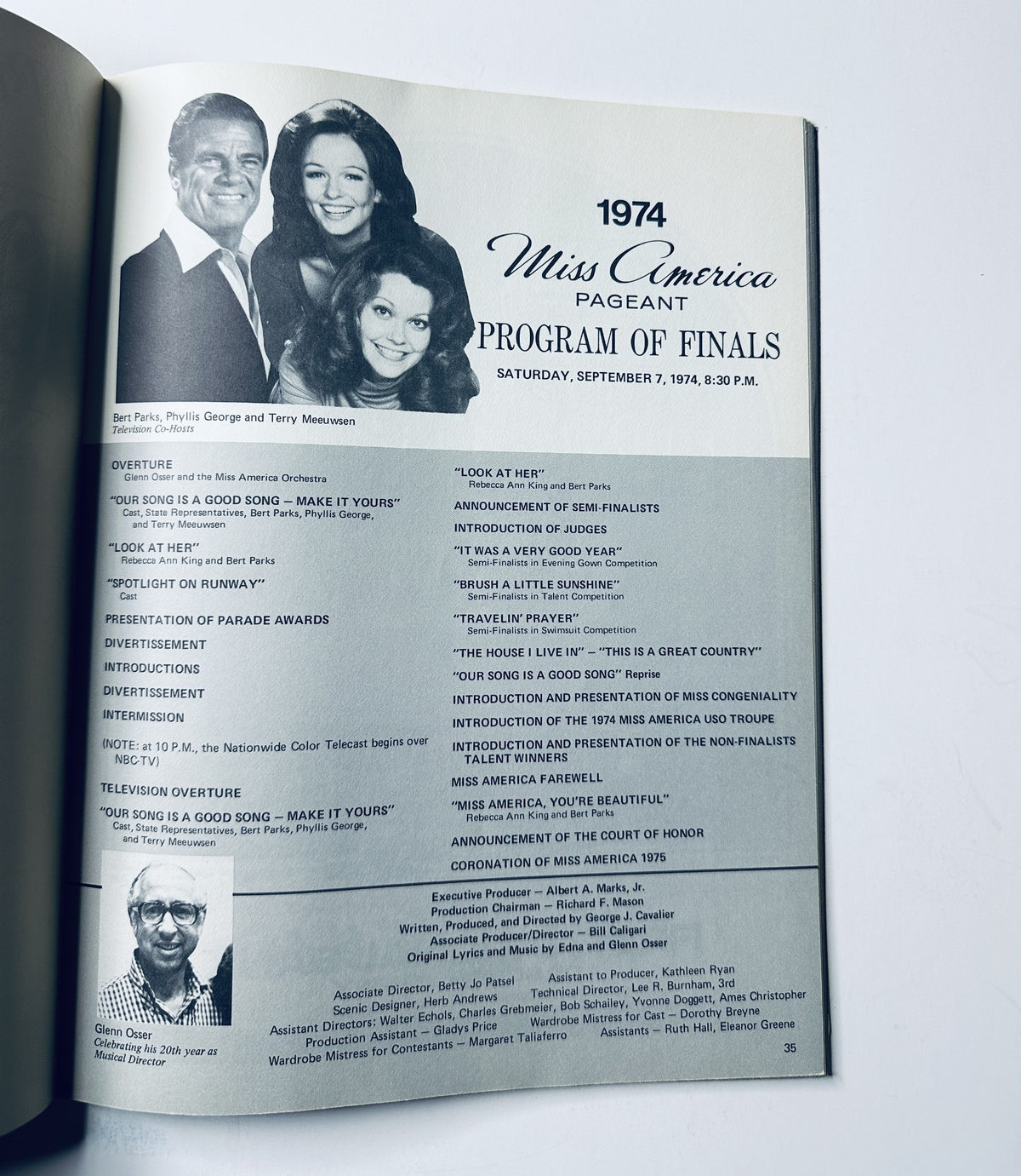 Page 25 of the 1974 Miss America Pageant Program of Finals listing the event schedule and notable participants including Bert Parks, Phyllis George, and Terry Meeuwsen.