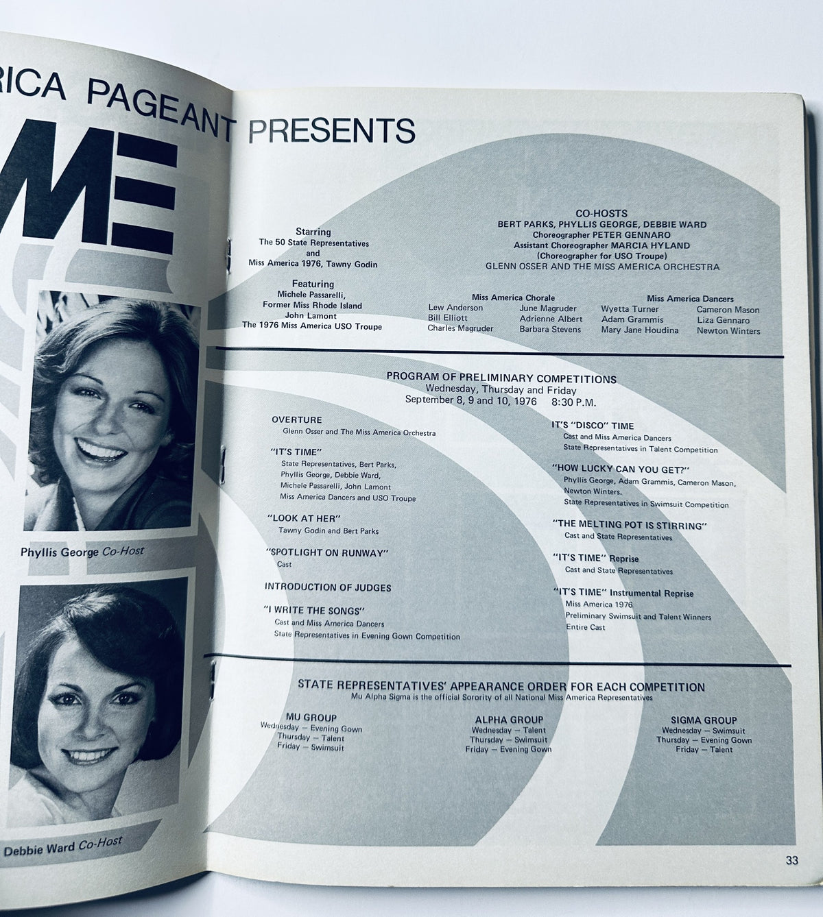 Interior page of the Miss America Pageant Magazine, featuring the program details and hosts including Bert Parks and Phyllis George, for the preliminary competitions scheduled for September 8-10, 1976.