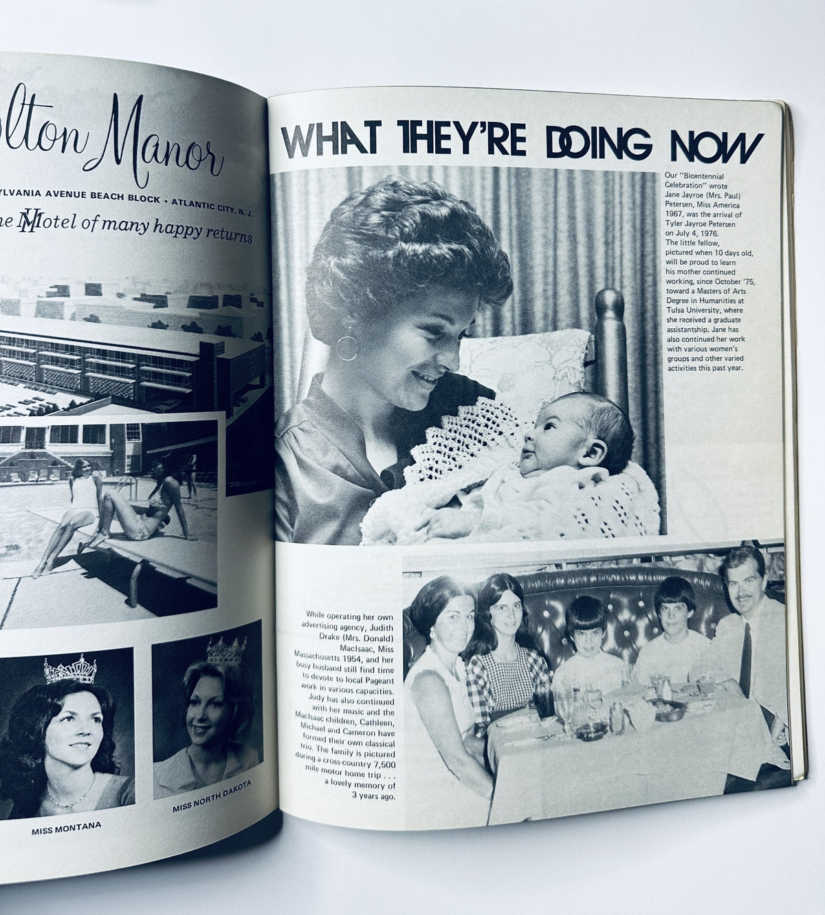 An interior spread from the Miss America Pageant Magazine highlighting the former contestants, showcasing their current activities and showcasing a photograph of a smiling infant.