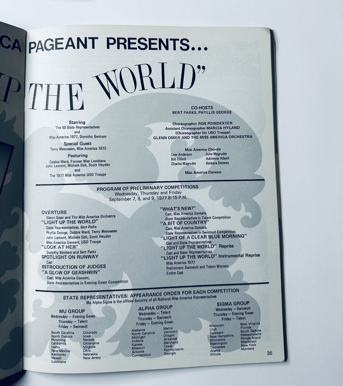 Miss America Pageant Magazine program page featuring the show title "LIGHT UP THE WORLD" along with details of performers and preliminary competition dates, from the September 5-11, 1977 issue.