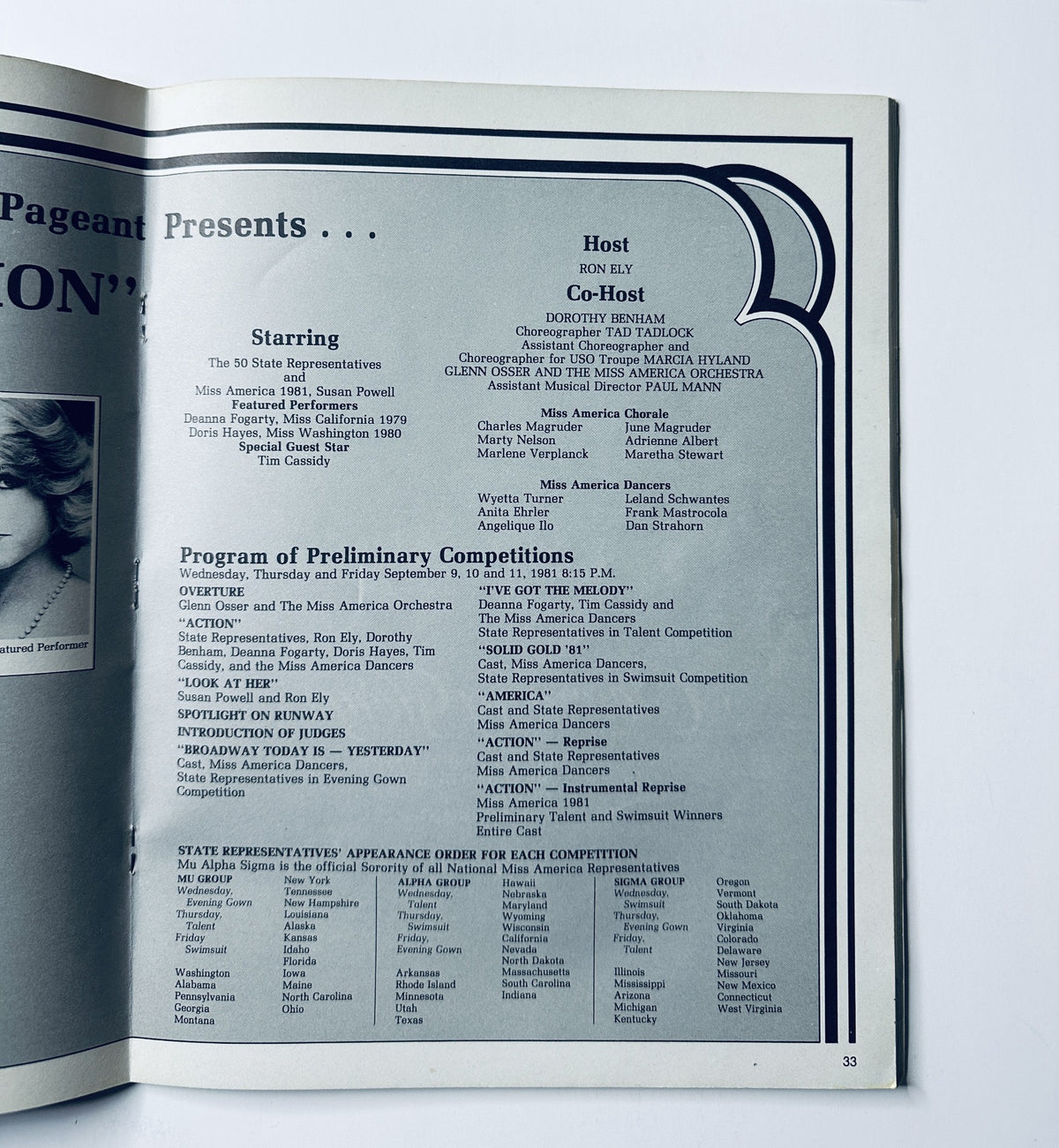 Inside page of The 1981 Miss America Pageant Magazine Program listing the hosts and the program of preliminary competitions.