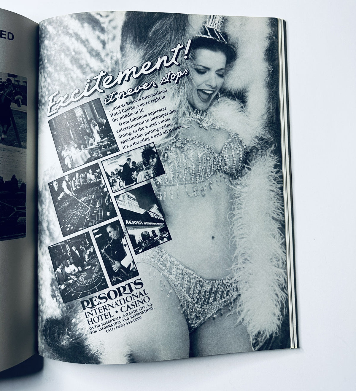 Black and white advertisement in The 1981 Miss America Pageant Magazine Program highlighting excitement at the Resorts International Hotel and Casino.
