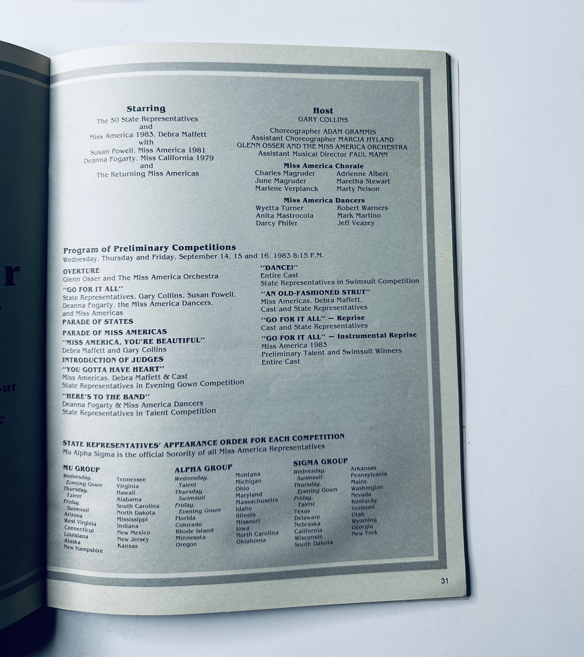 Interior page of The 1983 Miss America Pageant Magazine Official Program displaying the program details, starring state representatives, and host information.
