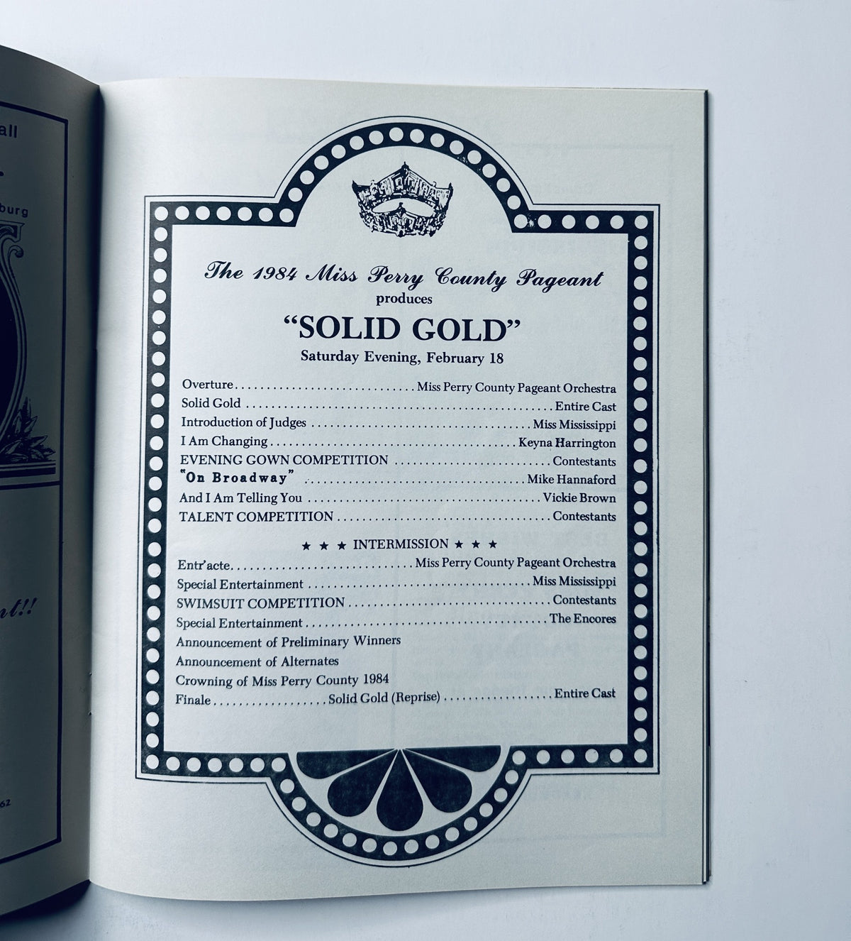 Inside page of the Miss Perry County Pageant program titled 'Solid Gold', listing the program schedule and event details from February 18, 1984.