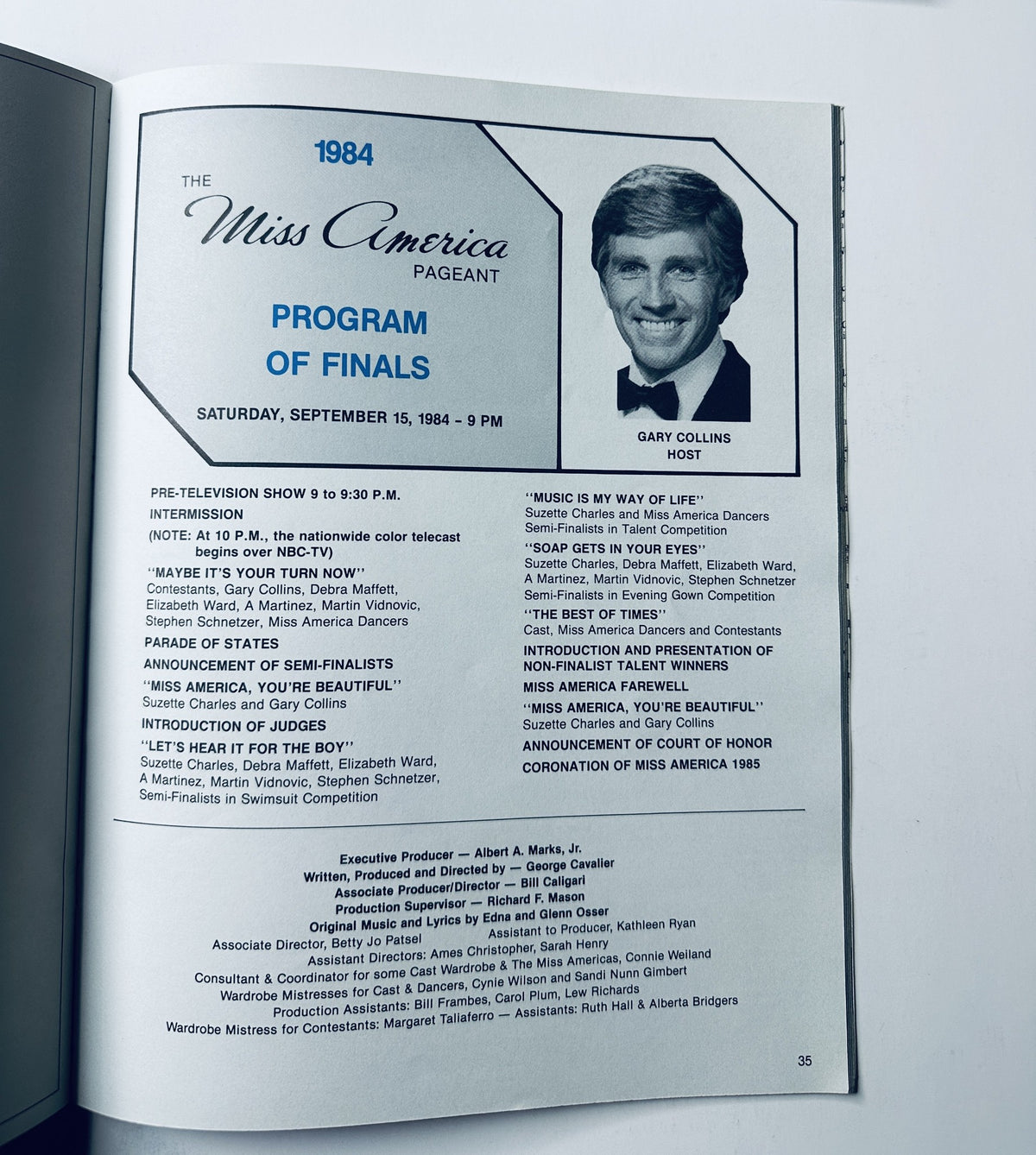 Inside page of the 1984 Miss America Pageant Magazine Official Program detailing the program of finals, hosted by Gary Collins, including schedule highlights and performance titles.