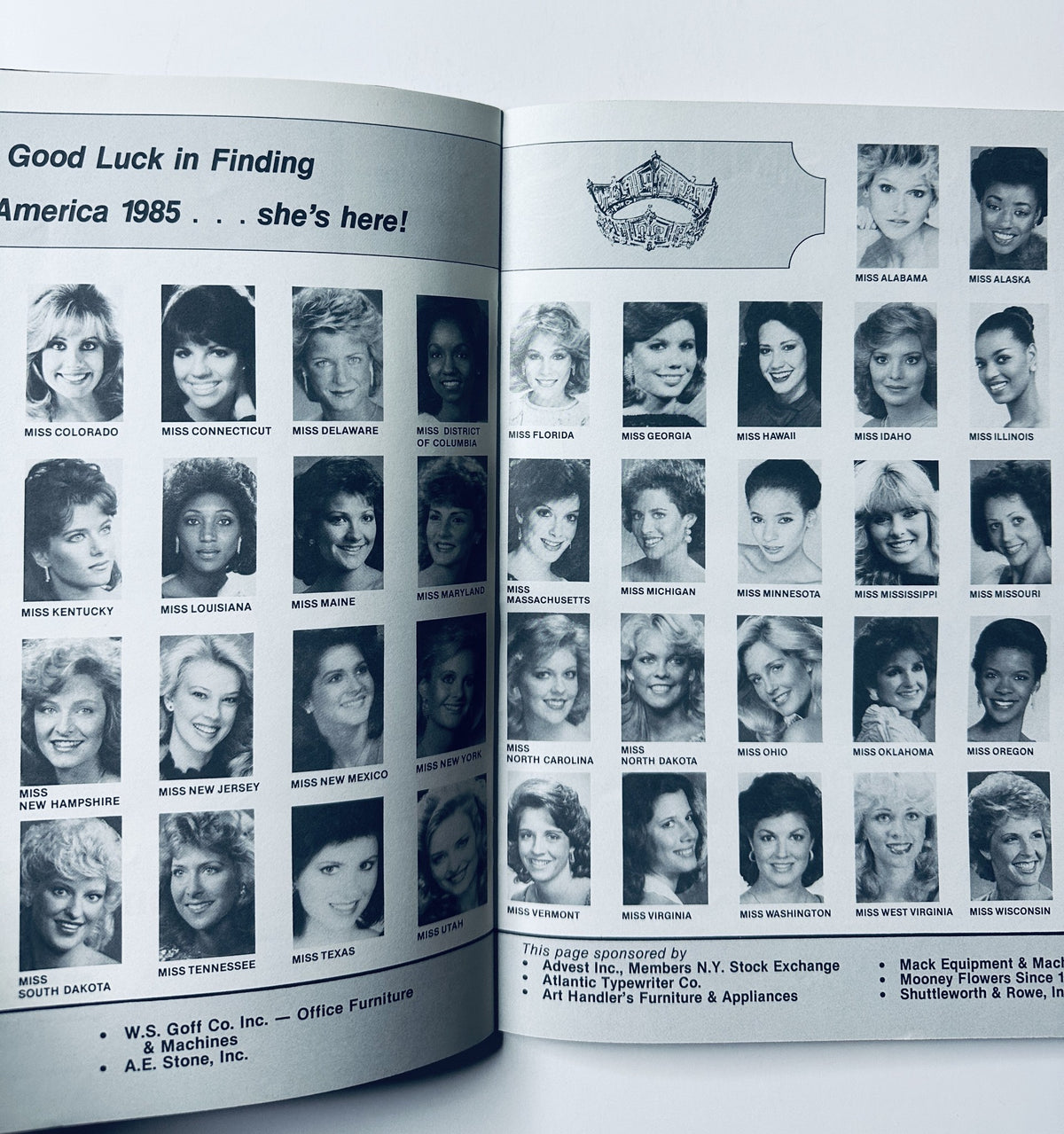 1984 Miss America Pageant Magazine Official Program featuring contestants including Miss Alabama, Miss Alaska, and Miss Colorado. The magazine is in very good condition, showing only light edge wear.