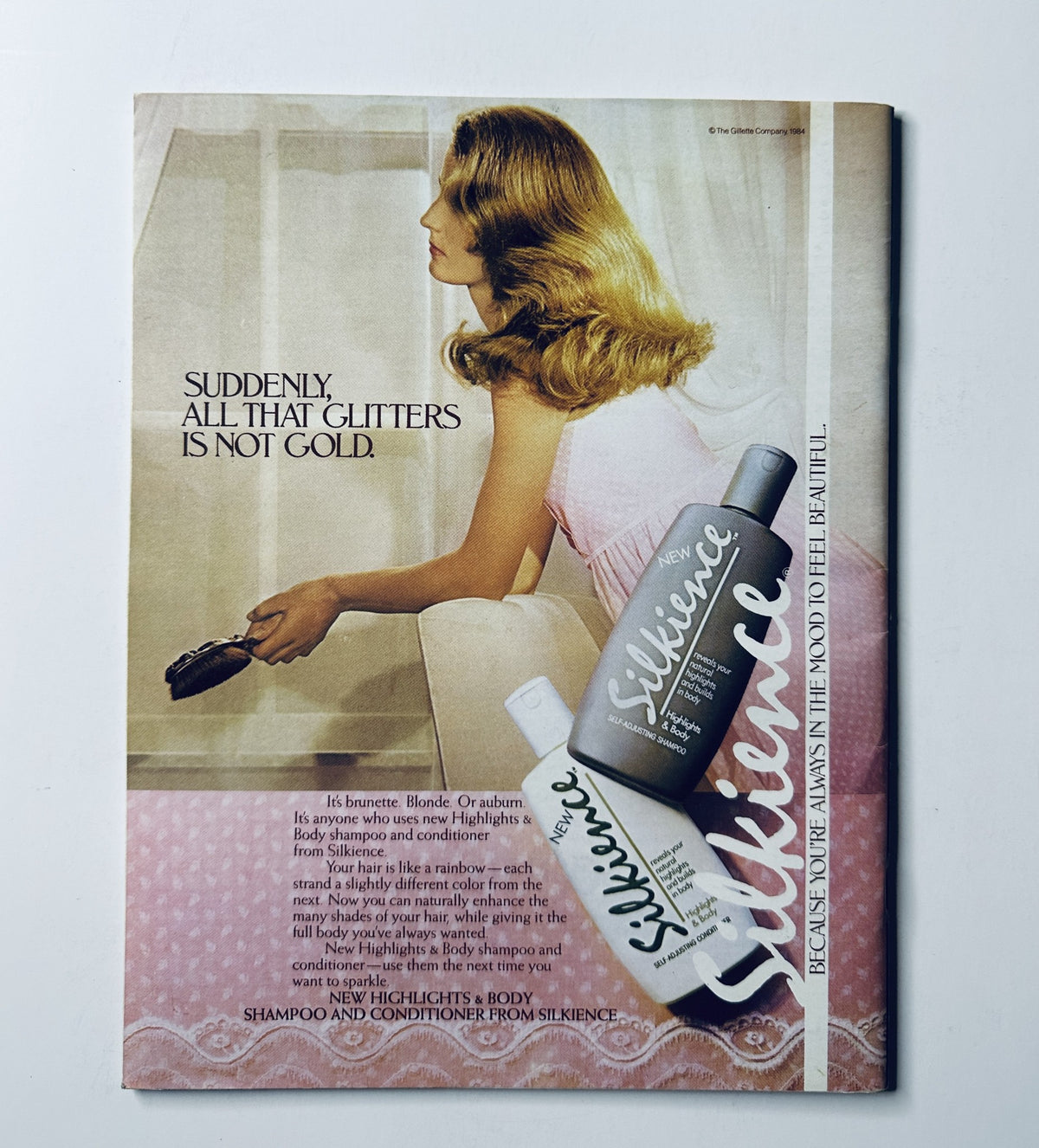 1984 Miss America Pageant Magazine Official Program advertisement for Silikence shampoo and conditioner. The magazine cover features the tagline 'Suddenly, All That Glitters is Not Gold'.