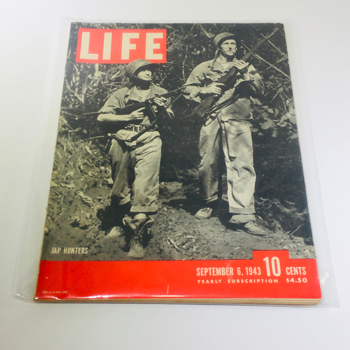 Vintage Life Magazine cover from September 6, 1943, featuring 'Jap Hunters' with two soldiers in military attire, showcasing World War II era imagery and historical significance.