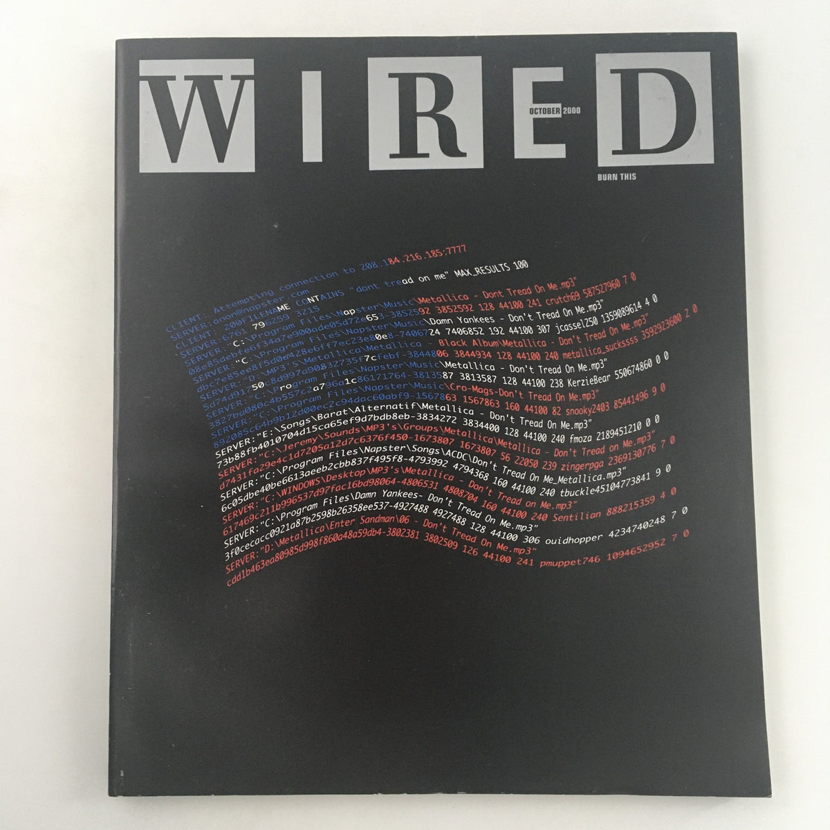 Wired Magazine cover from October 2000 featuring Metallica and Napster, emphasizing the intersection of music and technology, with text in red, blue, and black highlighting the cultural issues of digital music sharing.