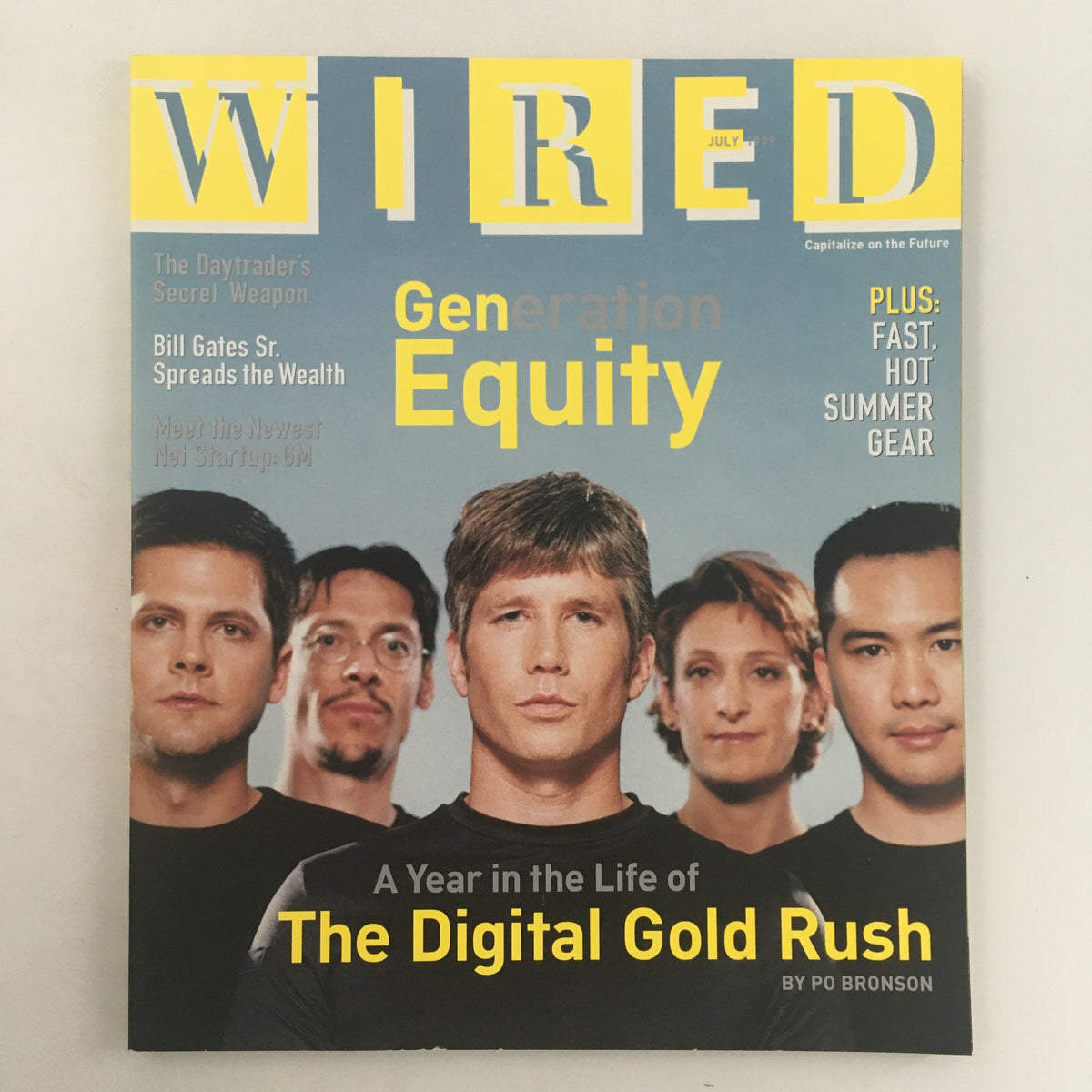 Wired Magazine July 1999 cover featuring the article 'The Digital Gold Rush' by Po Bronson, showcasing a group of individuals with diverse hairstyles and expressions, emphasizing the theme of technology and innovation during the late 1990s.