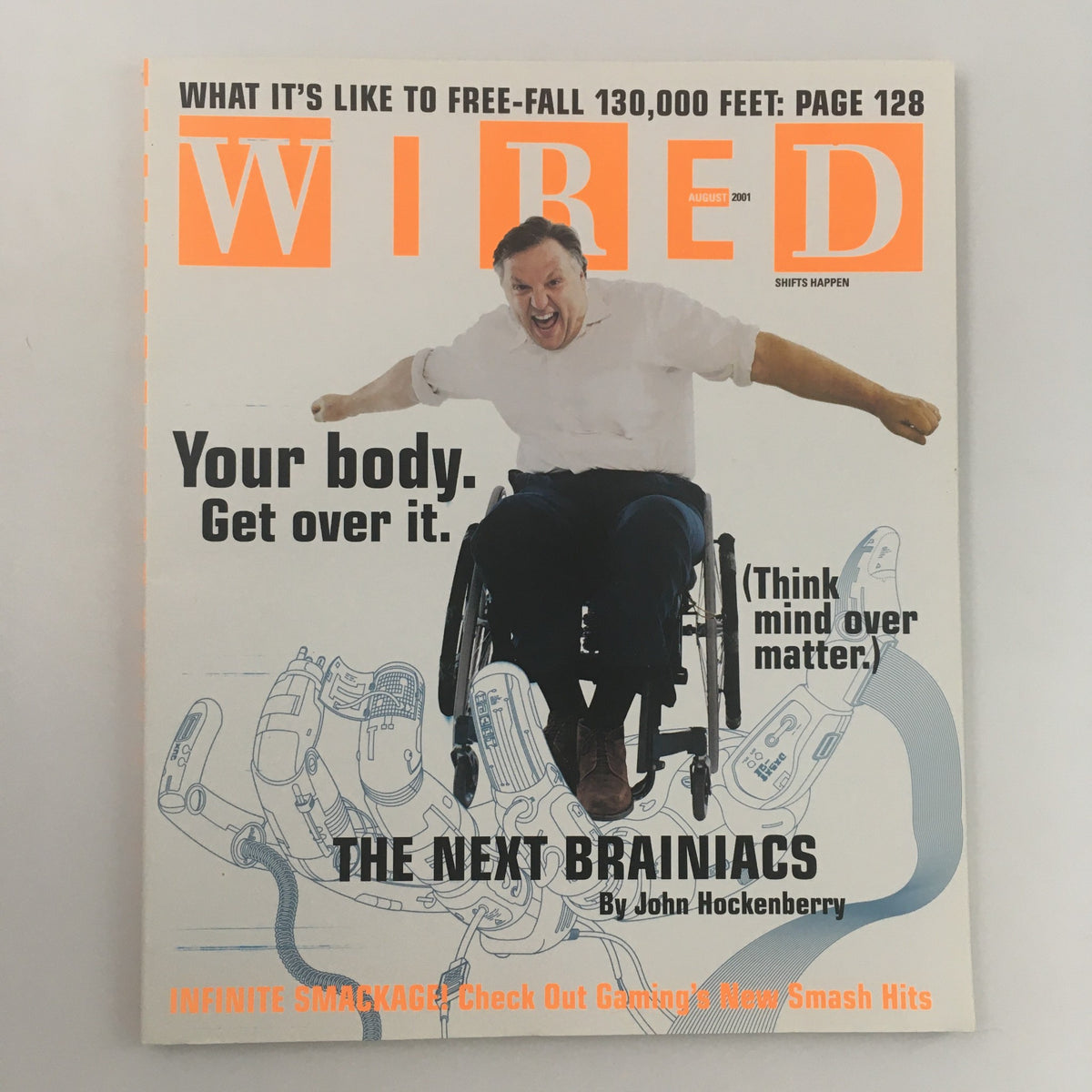 Cover of Wired Magazine August 2001 featuring the article 'The Next Brainiacs' by John Hockenberry, showcasing a man in a wheelchair passionately expressing ideas related to technology and innovation.