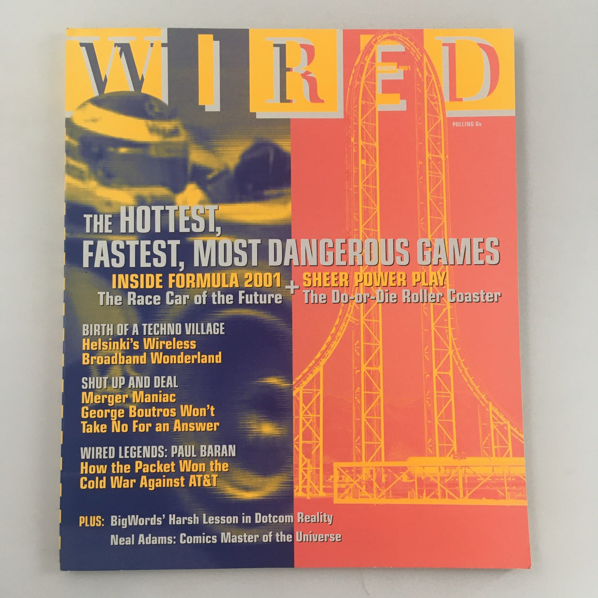 Cover of Wired Magazine March 2001 featuring the title 'Merger Maniac George Boutros Feature.' Illustrates themes of technology and business with bold graphics and headlines on corporate mergers and innovations.