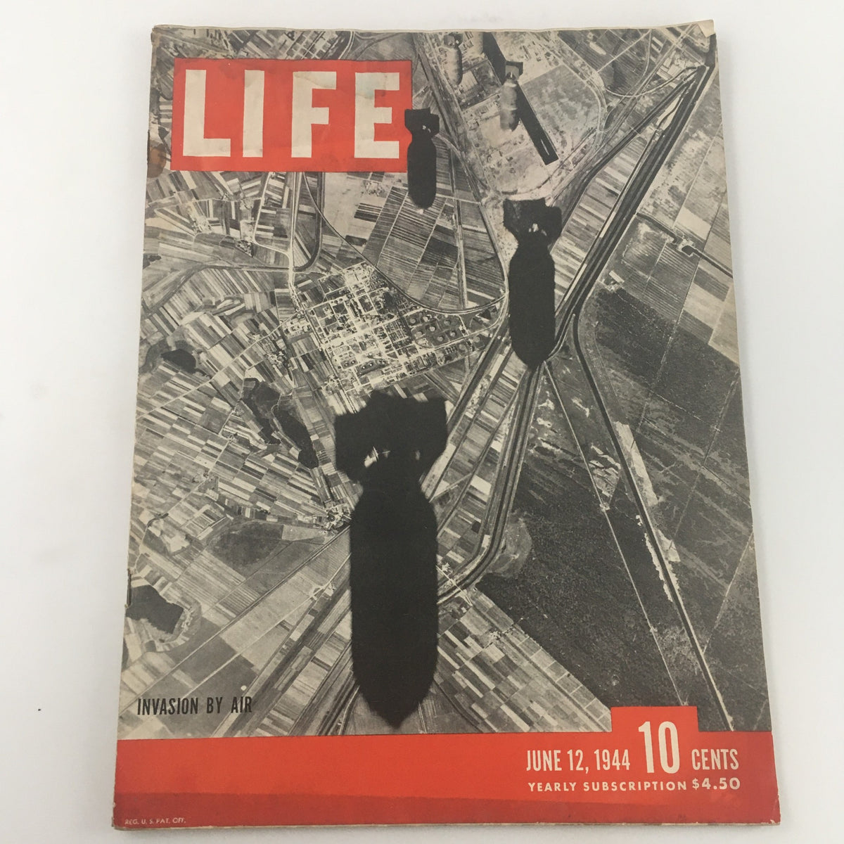 VTG Life Magazine June 12 1944 featuring a cover on the invasion of missiles by air, showcasing aerial imagery and bomb graphics.