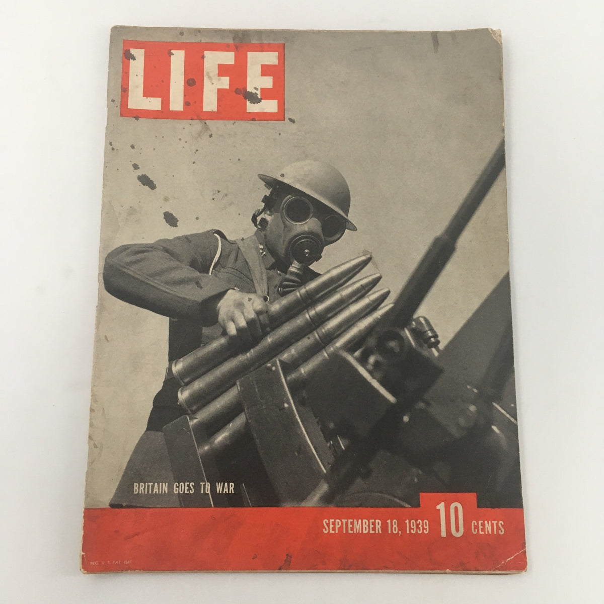 Cover of VTG Life Magazine from September 18, 1939, featuring the title 'LIFE' in red, with a soldier in a gas mask holding artillery, highlighting the theme 'Britain Goes To War.'