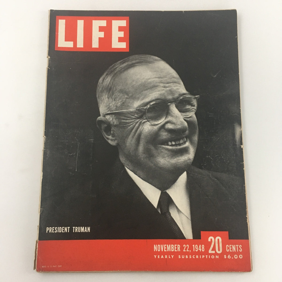 Vintage Life Magazine cover from November 22, 1948, featuring President Harry S. Truman with the title 'LIFE' prominently displayed. The magazine showcases a classic portrait of Truman, reflecting a significant moment in post-war American history.