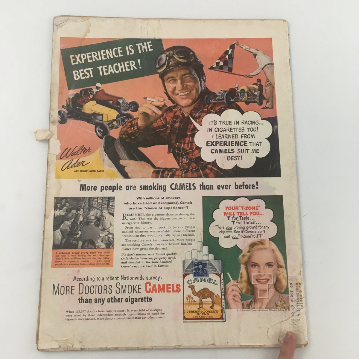 Back cover of Life Magazine August 4, 1947, advertising Camel cigarettes with a colorful image of a racer promoting the saying, 'Experience is the best teacher!'