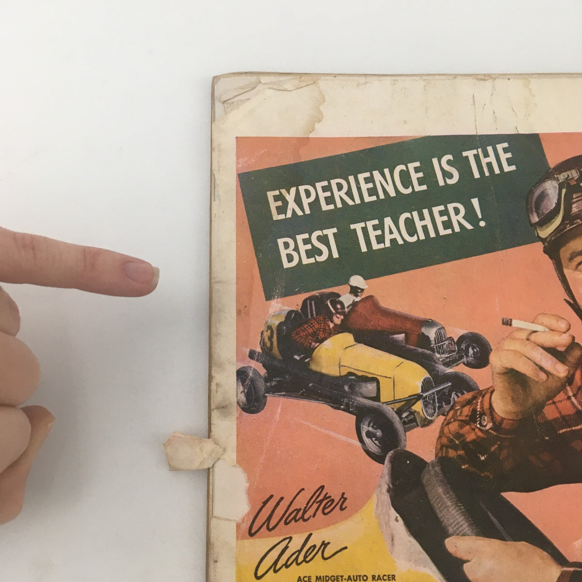 Close-up of the back cover of Life Magazine August 4, 1947, highlighting a vintage advertisement for Camel cigarettes featuring a racer and the slogan, 'Experience is the best teacher!'.
