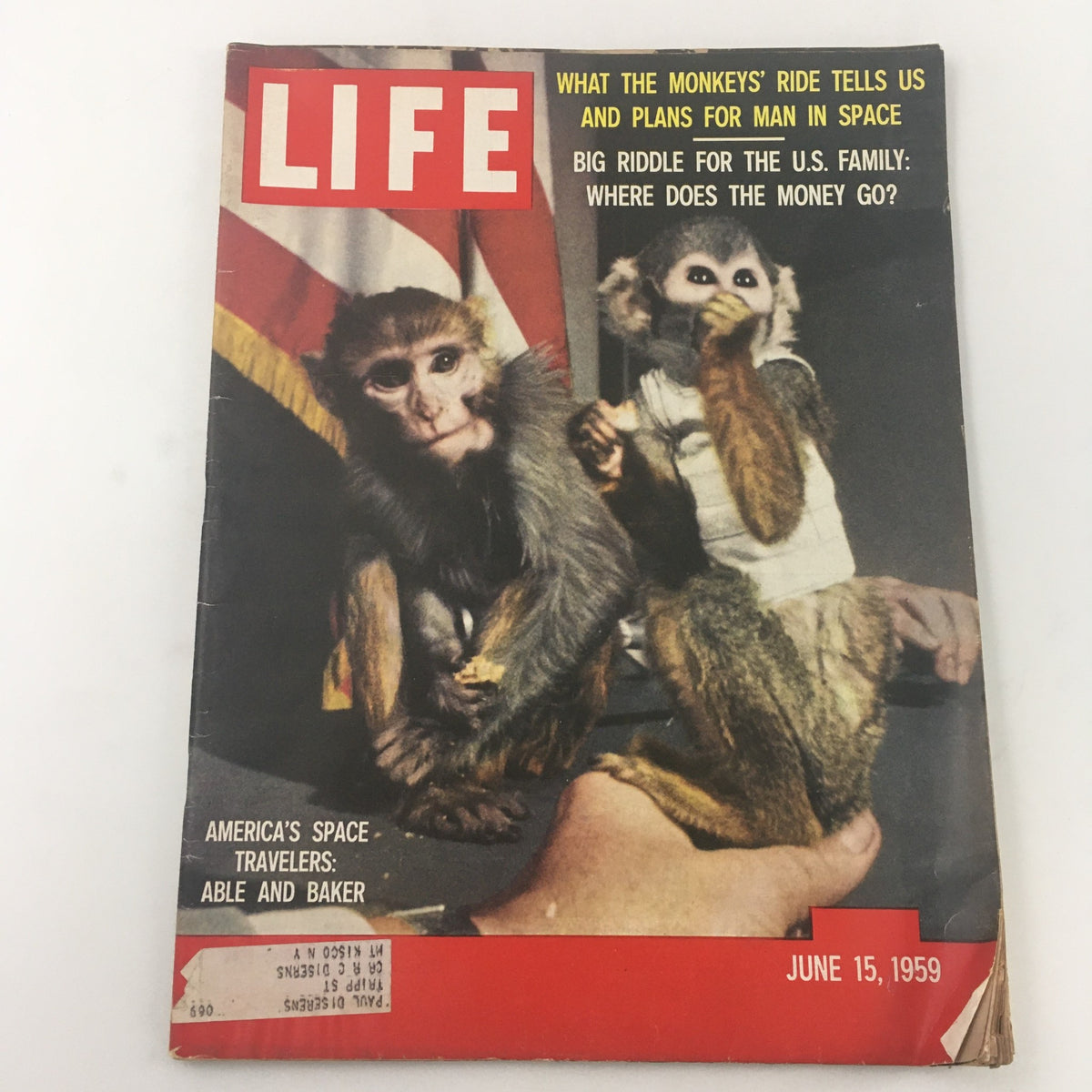 Vintage Life Magazine June 15 1959 cover featuring monkeys Able and Baker, iconic space travelers, with a red background and a flag.