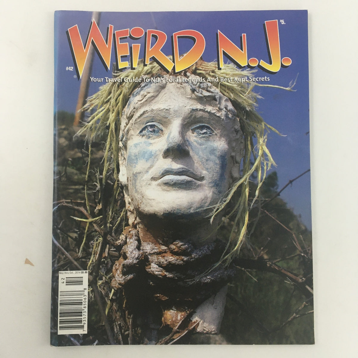 Weird N.J. Magazine May-October 2014 #42 Cover featuring a statue with moss, highlighting travel guide to New Jersey's local attractions and secrets.