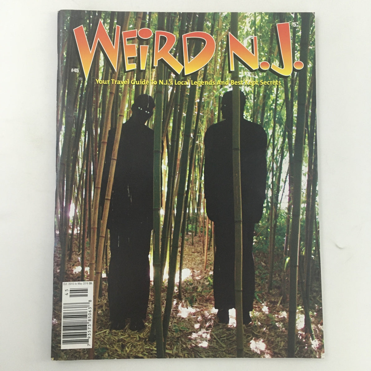 Weird N.J. Magazine Issue #45, featuring two figures in silhouette amidst bamboo, showcasing the quirky essence of New Jersey's local legends and secrets.