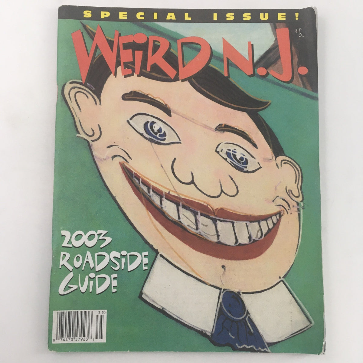Cover of Weird N.J. Magazine Special Issue 2003 Roadside Guide featuring a quirky illustrated character, emphasizing its focus on unique roadside attractions in New Jersey.