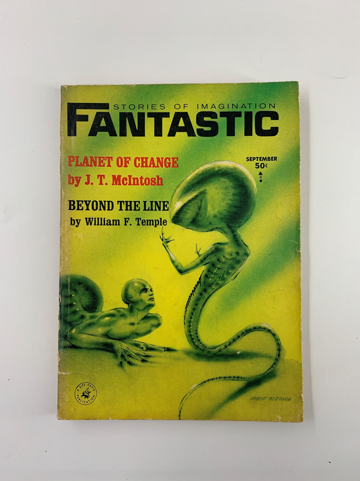 Cover of VTG Stories of Imagination Fantastic September 1964 featuring 'Planet of Change' by J. T. McIntosh and 'Beyond the Line' by William F. Temple. Striking green artwork with a fantastical theme.