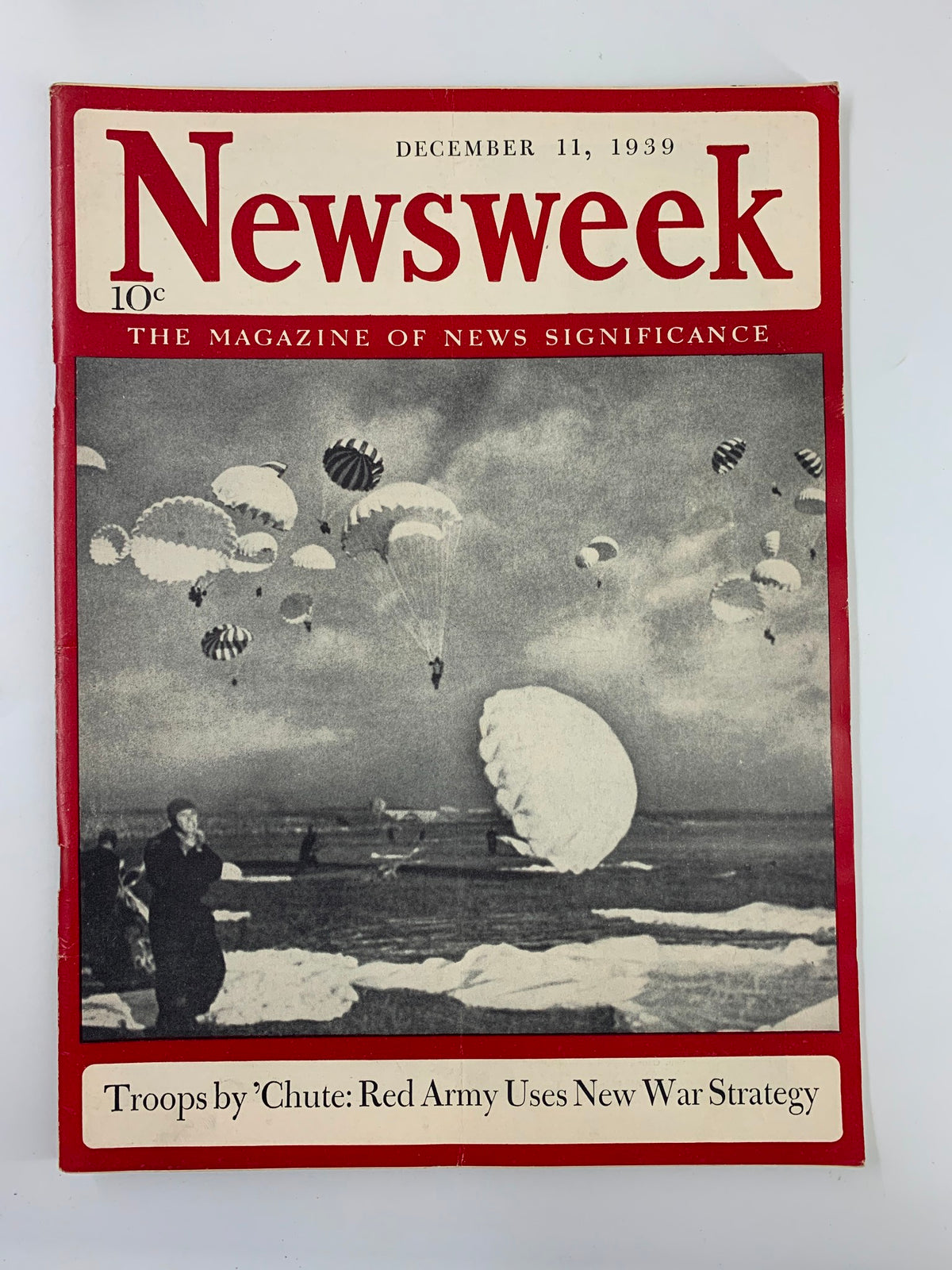 VTG Newsweek Magazine December 11 1939 featuring an image of parachuting troops, titled 'Troops by ’Chute: Red Army Uses New War Strategy'. The magazine is noted for its good condition and comes with a protective covering.