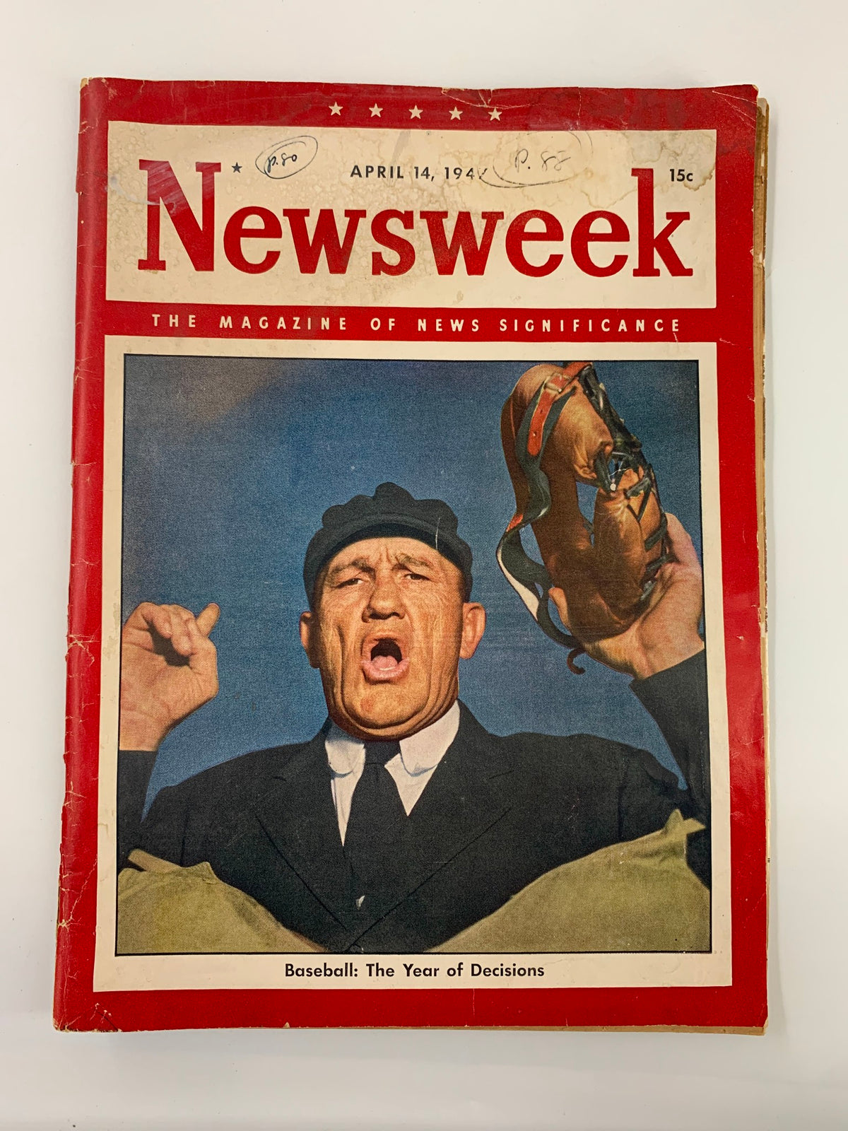VTG Newsweek Magazine April 14, 1947 featuring a cover with an enthusiastic baseball fan holding a glove, titled 'Baseball: The Year of Decisions'.
