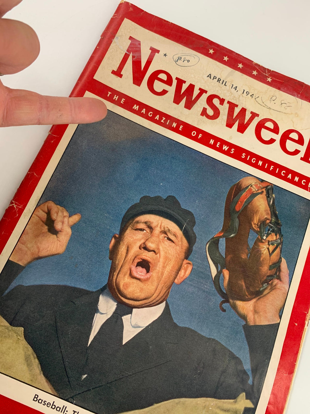 Close-up of the VTG Newsweek Magazine April 14, 1947 showing the cover with a baseball fan, emphasizing the magazine's title 'Baseball: The Year of Decisions'.