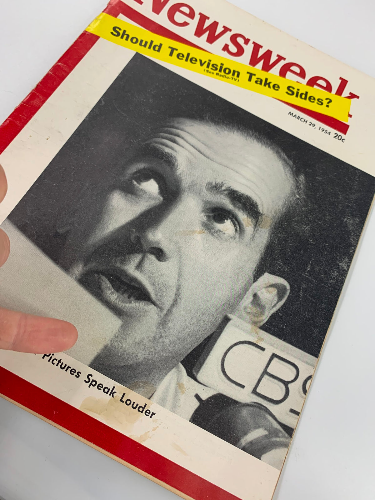 VTG Newsweek Magazine March 29 1954 showcasing Edward R. Murrow with a focus on the cover text 'Pictures Speak Louder' and the slogan 'Should Television Take Sides?'