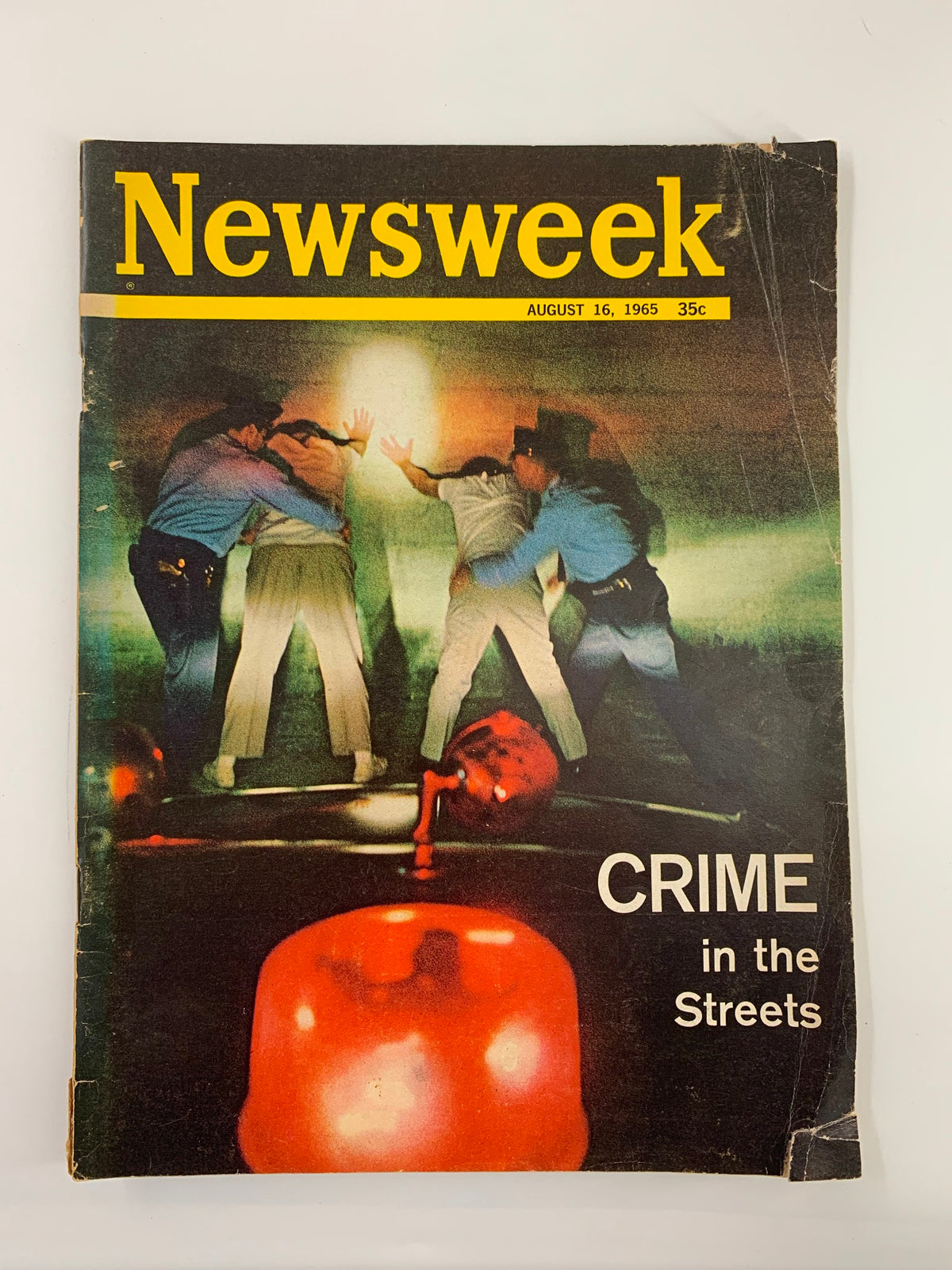 VTG Newsweek Magazine August 16 1965 featuring the cover story "Crime in the Streets," showcasing a dramatic image with law enforcement and a vibrant background.