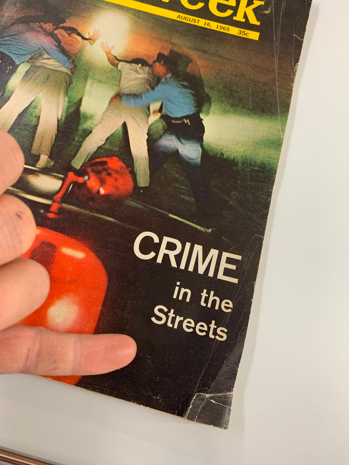 Cover of VTG Newsweek Magazine, August 16, 1965, featuring the title 'Crime in the Streets' with an image depicting a police encounter.