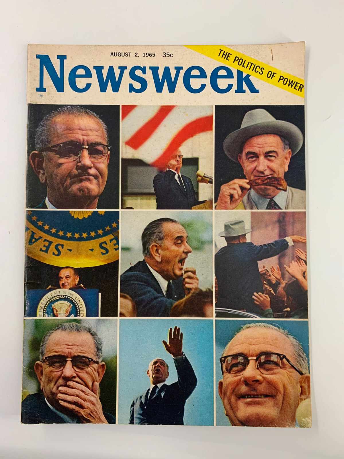 VTG Newsweek Magazine August 2, 1965 cover featuring the theme 'The Politics of Power', showcasing various political figures including Lyndon B. Johnson, with imagery reflecting the political climate of the 1960s.