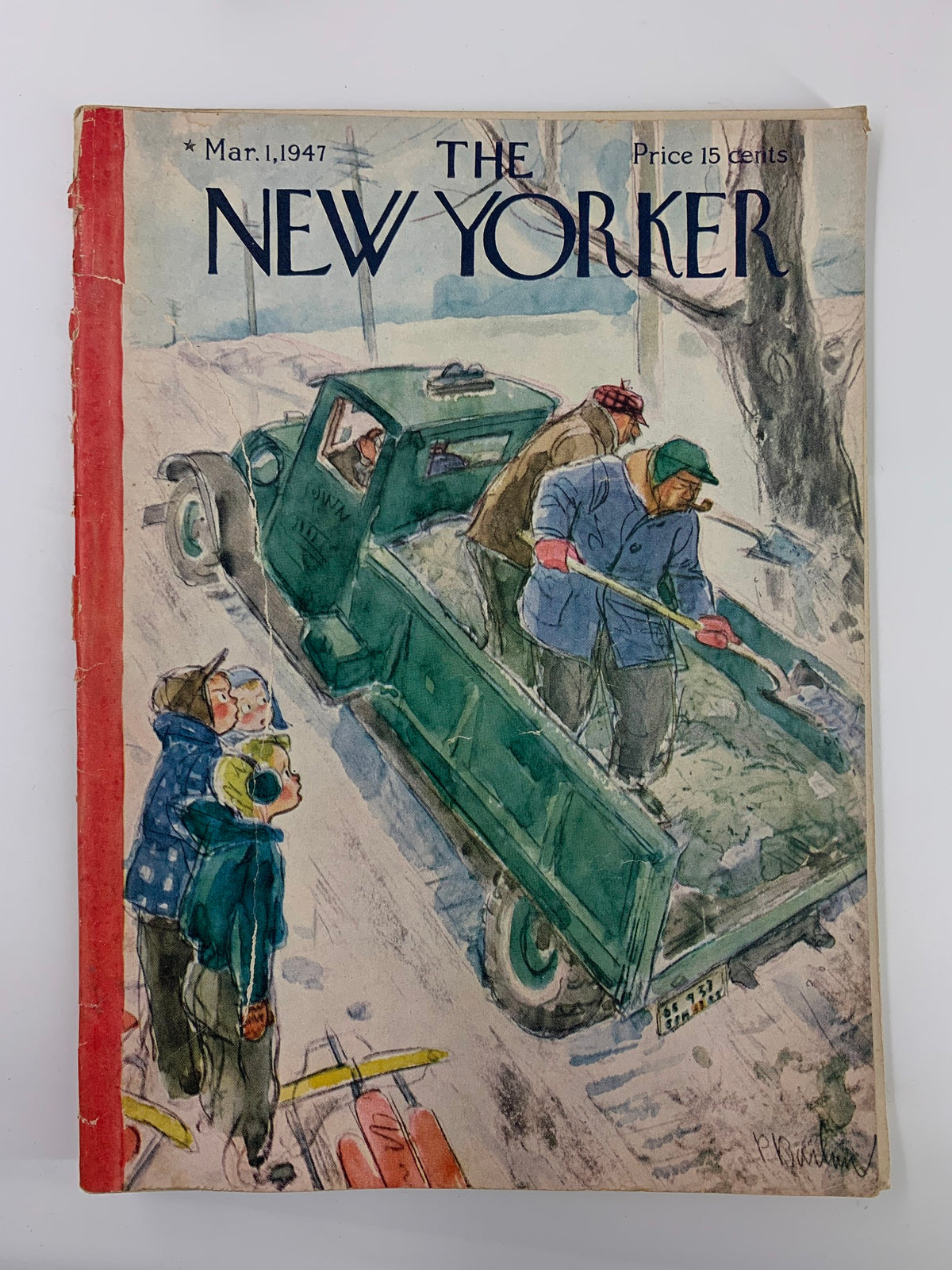Cover of The New Yorker Magazine March 1 1947 featuring the illustration 'Snowy Road' by Perry Barlow, depicting a snowy scene with children watching a green truck clearing snow.