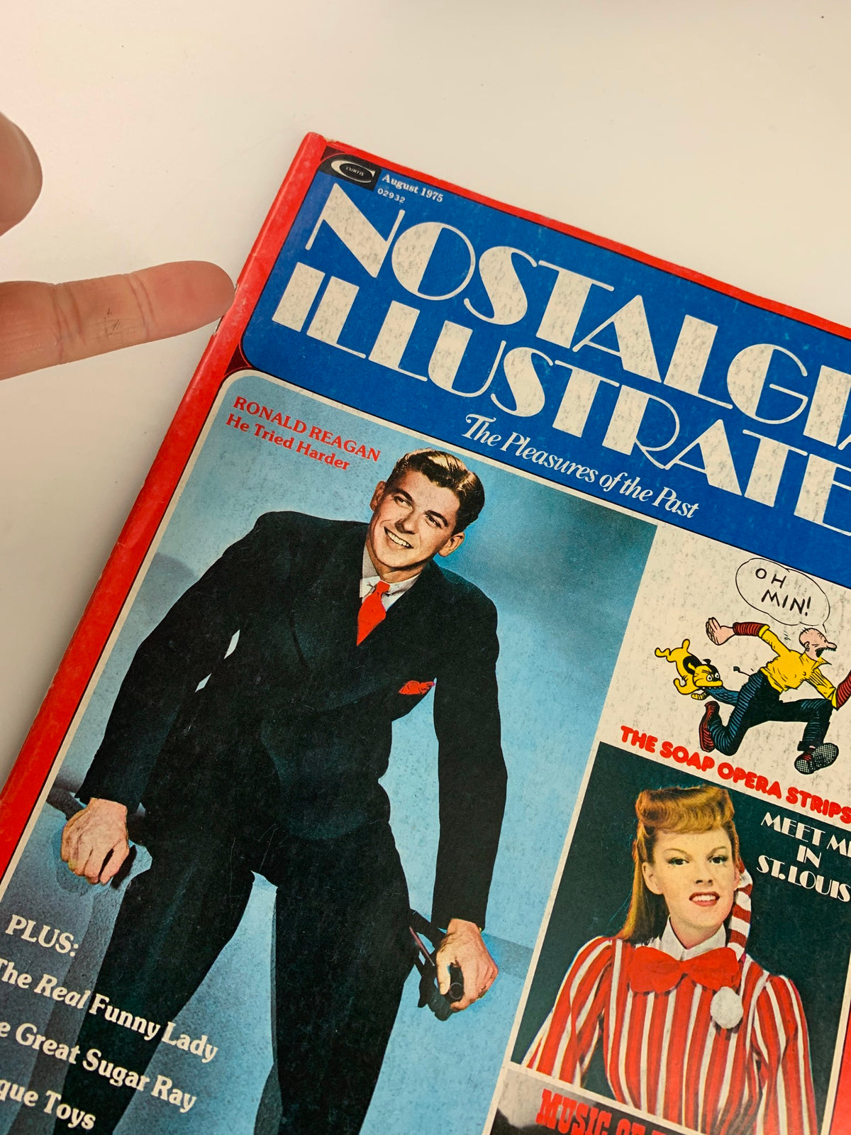 Close-up of the cover of VTG Nostalgia Illustrated Magazine August 1975 showcasing Ronald Reagan with the caption 'He Tried Harder' alongside additional articles and illustrations.