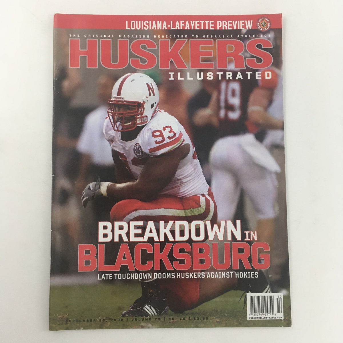 Huskers Illustrated September 26 2008 Vol. 29 #10 magazine cover featuring a Nebraska Cornhuskers football player with the title 'Breakdown in Blacksburg' highlighting key moments from the season.