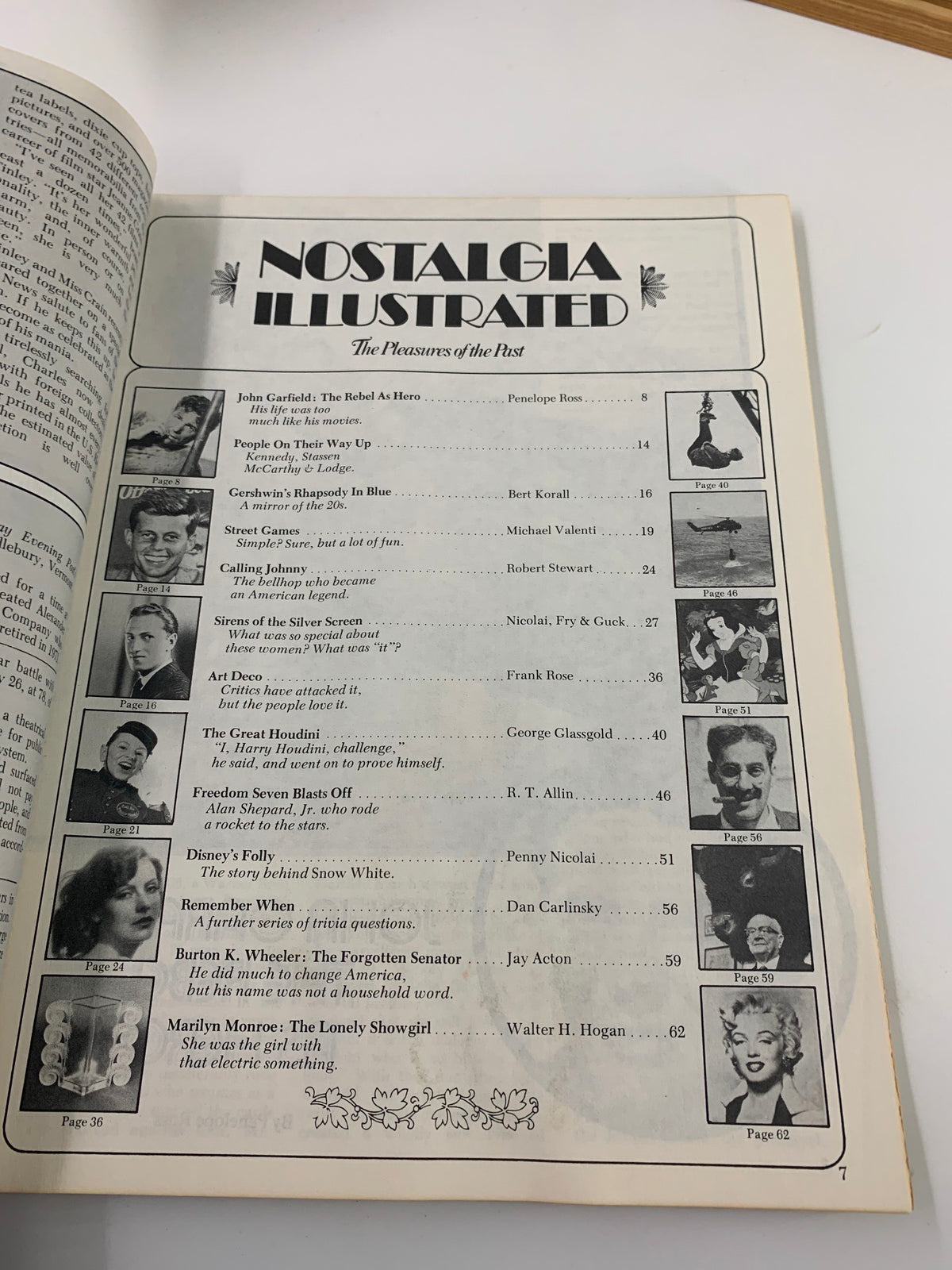 Another inside page of VTG Nostalgia Illustrated Magazine June 1975, showing the table of contents with featured articles.
