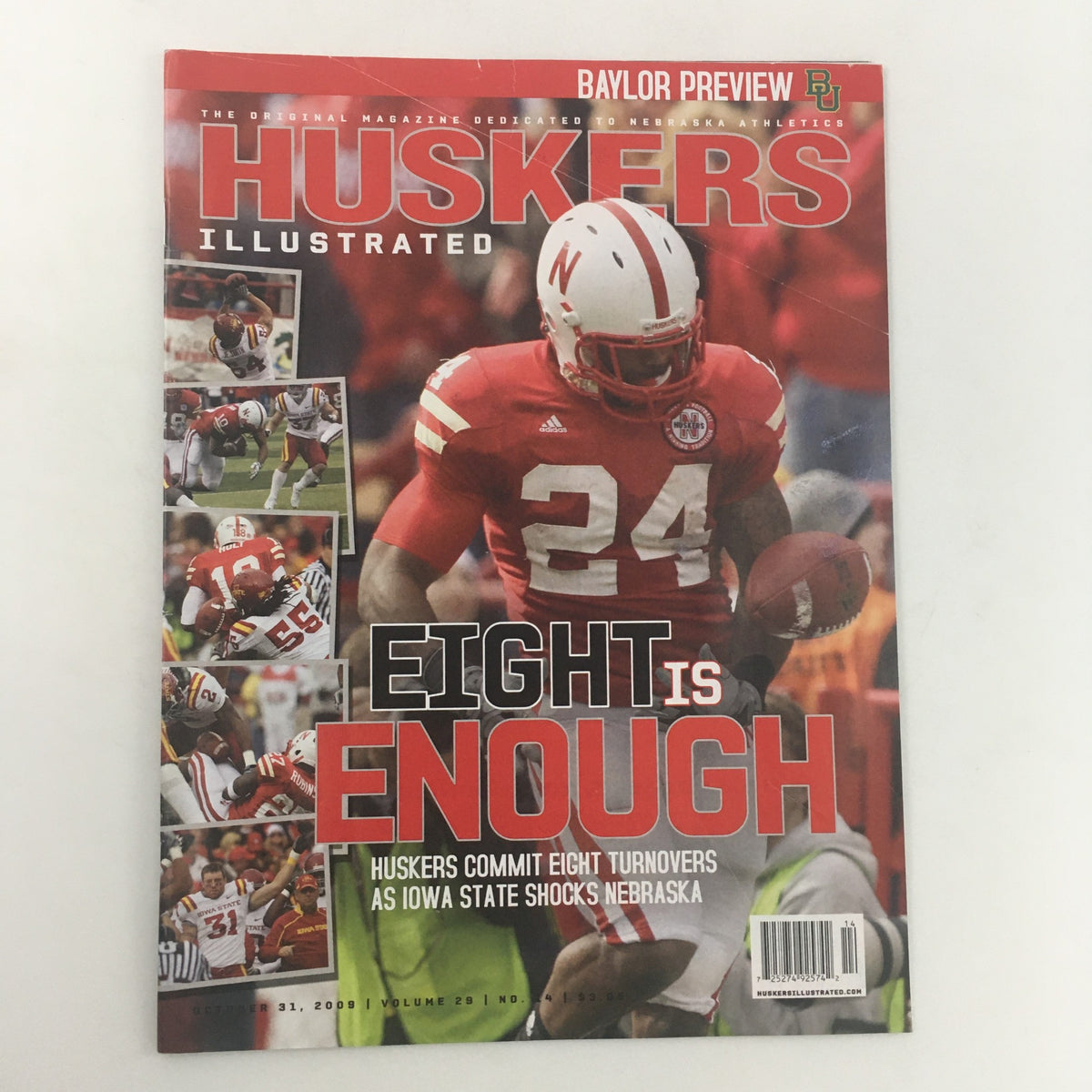 Huskers Illustrated magazine cover from October 31, 2009, Vol 29 #14, featuring a Nebraska Cornhuskers football player with the headline 'Eight is Enough' highlighting the team's eight turnovers during the game against Iowa State.