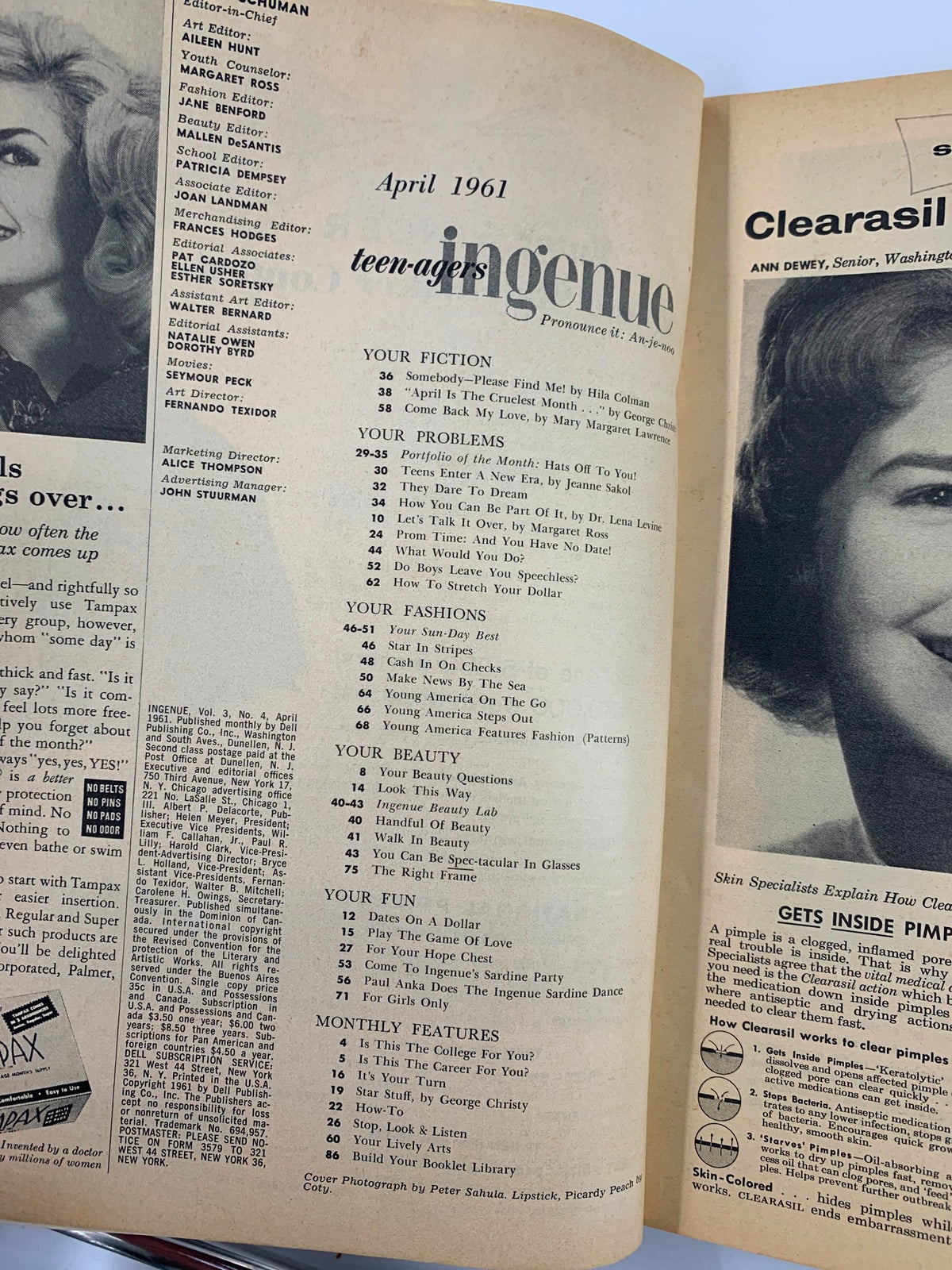 Interior page of VTG Teen-Agers Ingenue Magazine April 1961 showing the table of contents and various articles, emphasizing the magazine's vintage layout.